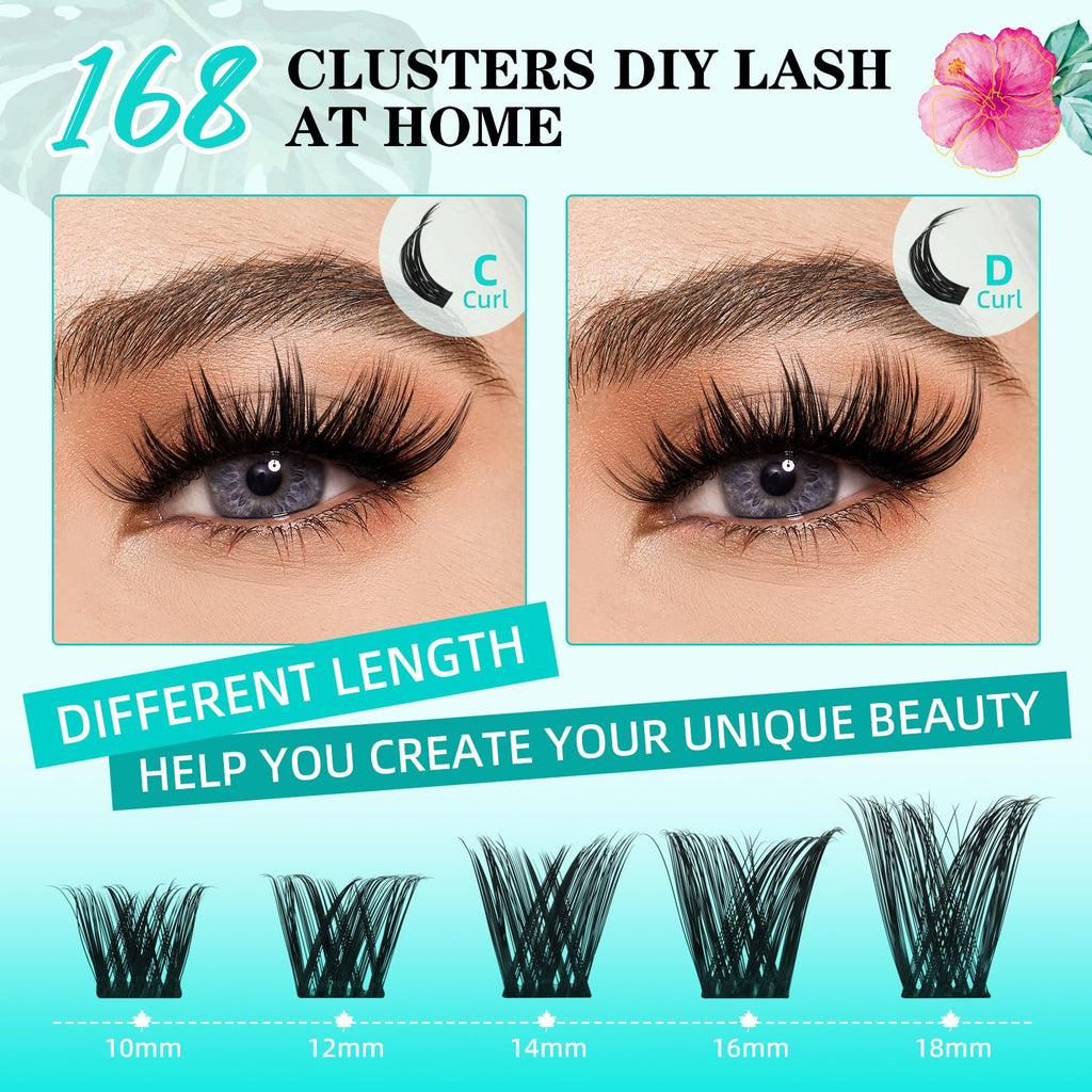 AMZGIRL LASH Lash Clusters Wet Look – 168 Pcs, Ultra-Thin Band, Tulip DMix 10–18mm