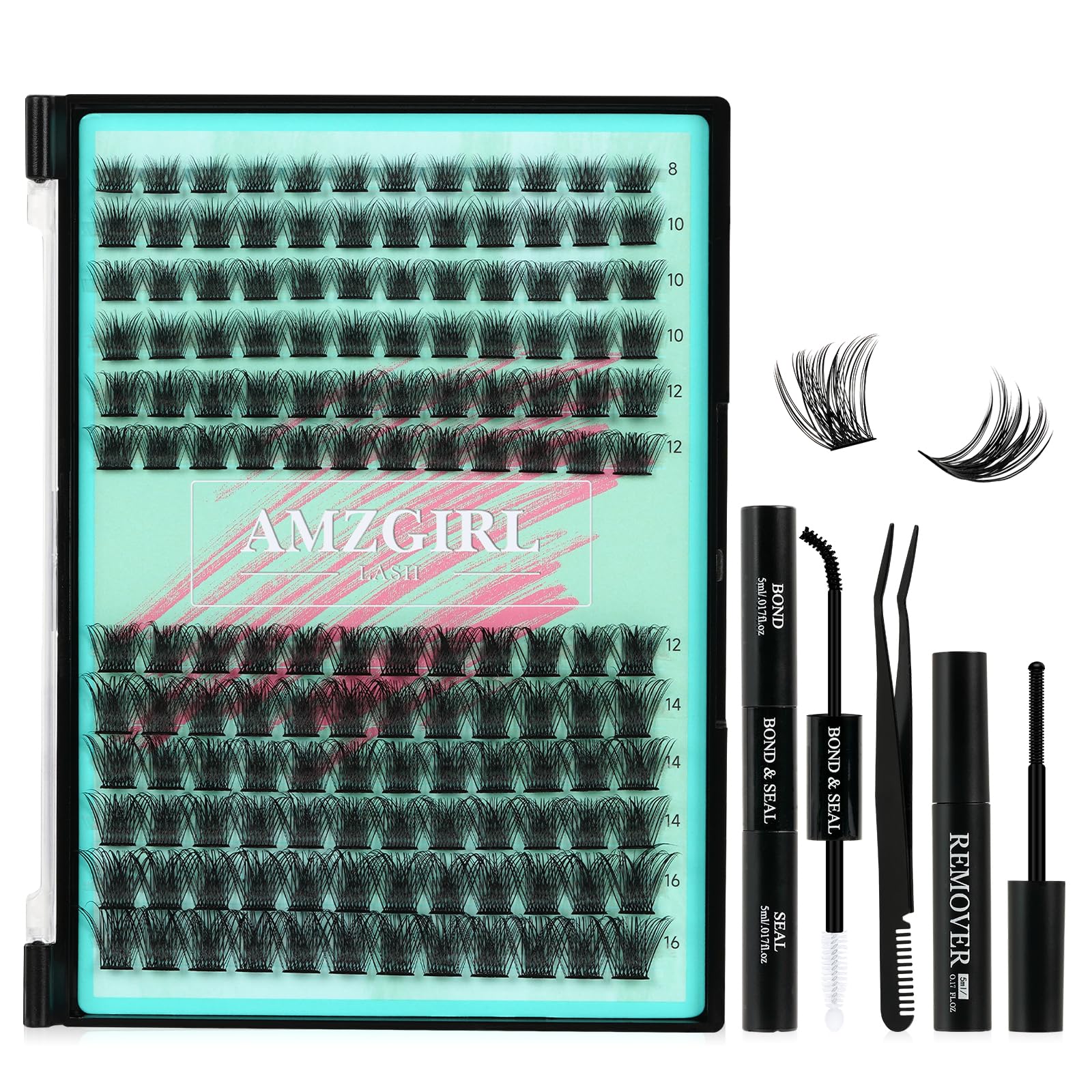 AMZGIRL LASH Lash Clusters Kit 144Pcs Midnight with Bond & Seal