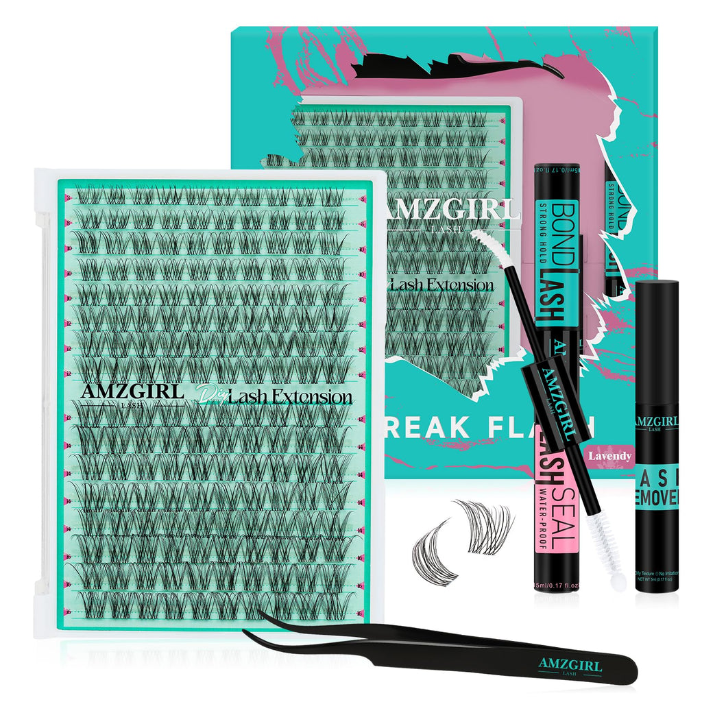 AMZGIRL LASH Lash Clusters Kit – 160 Natural Clusters + Bond & Seal, Remover, at-Home Lash Extensions (Lavendy, Kit)