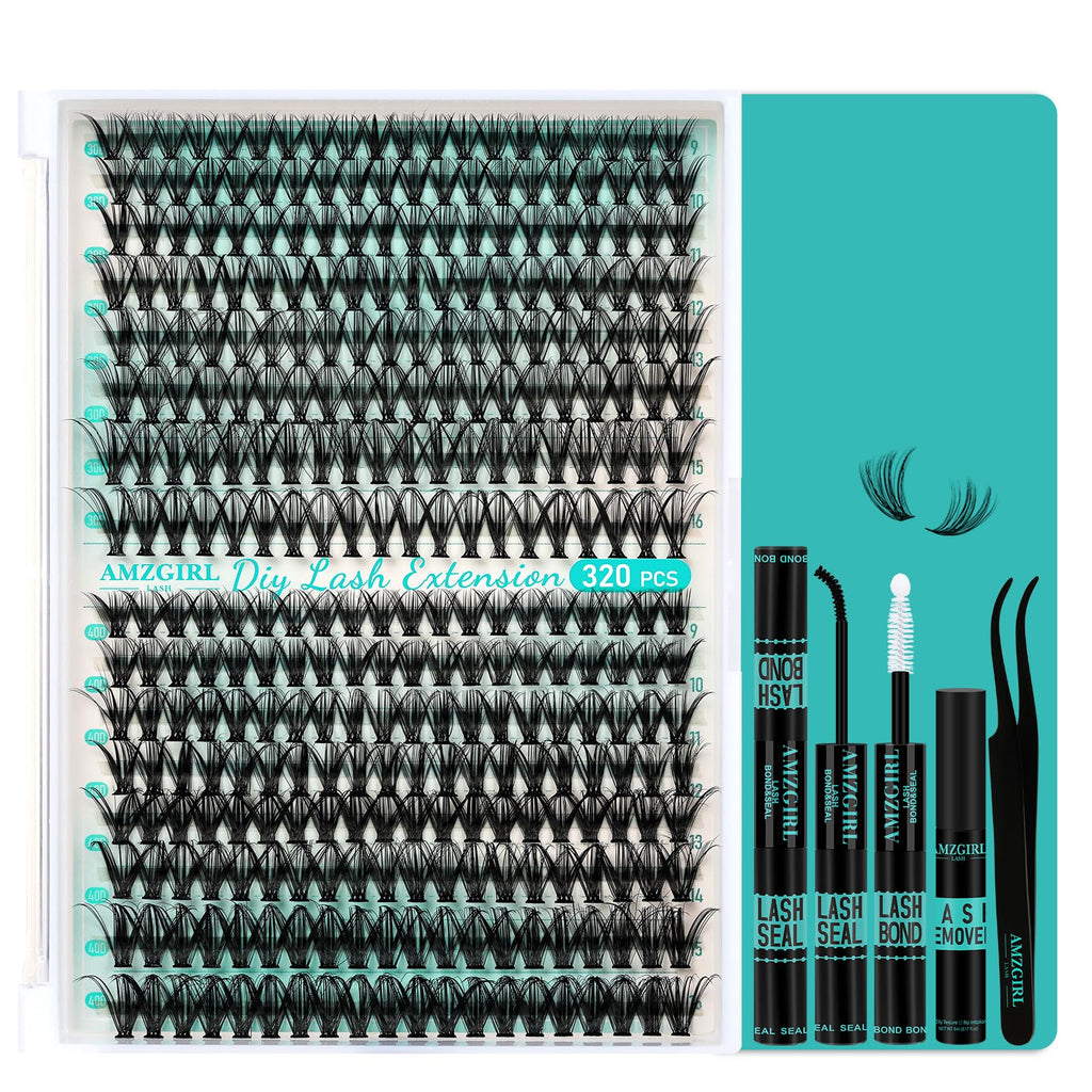 AMZGIRL LASH Lash Clusters Kit 320pcs — 9-16mm D Curl, Bond & Seal, Remover & Applicator