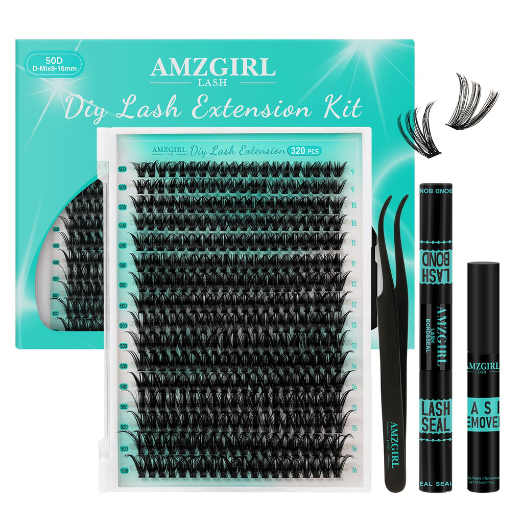 AMZGIRL LASH Lash Clusters Kit 320Pcs — DIY Lash Extensions 50D with Bond & Seal
