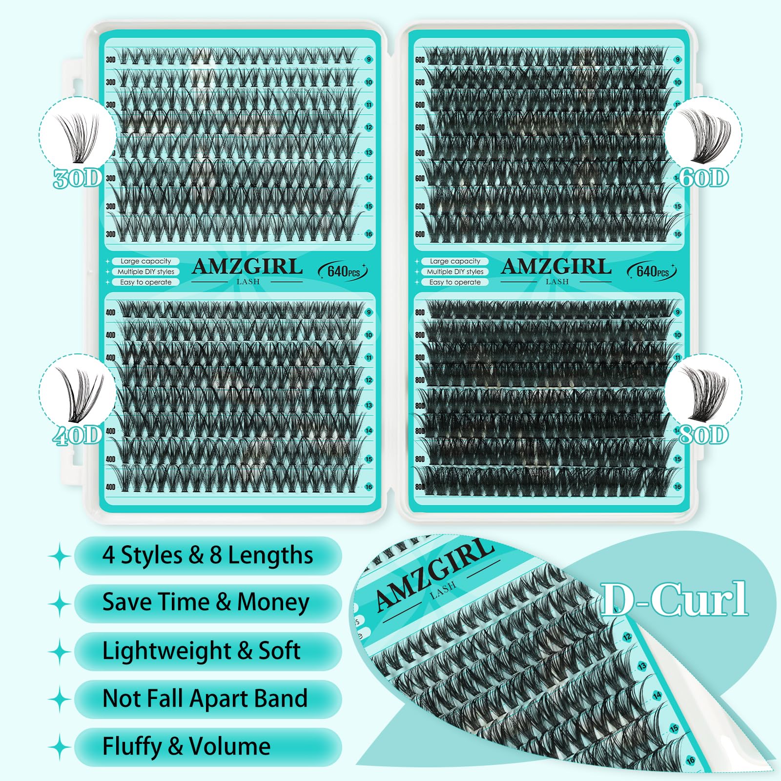 AMZGIRL LASH Lash Clusters Kit 640Pcs – DIY Extensions with Bond, Seal, Remover, Tools (30D–80D)