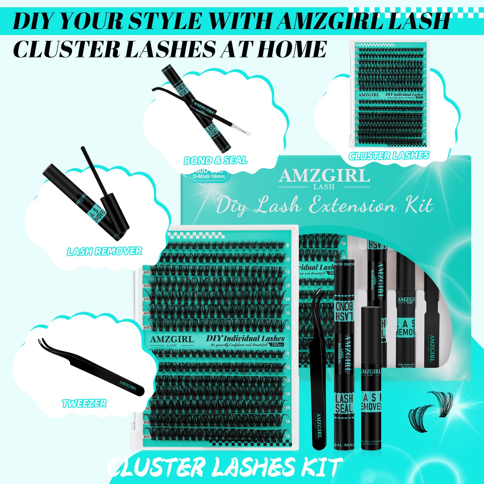 AMZGIRL LASH Lash Clusters Kit 280Pcs – DIY Eyelash Extensions 60D/80D, Bond & Seal, Remover, Applicator