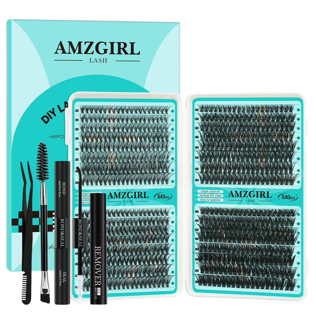 AMZGIRL LASH Lash Clusters Kit 640Pcs – DIY Extensions with Bond, Seal, Remover, Tools (30D–80D)