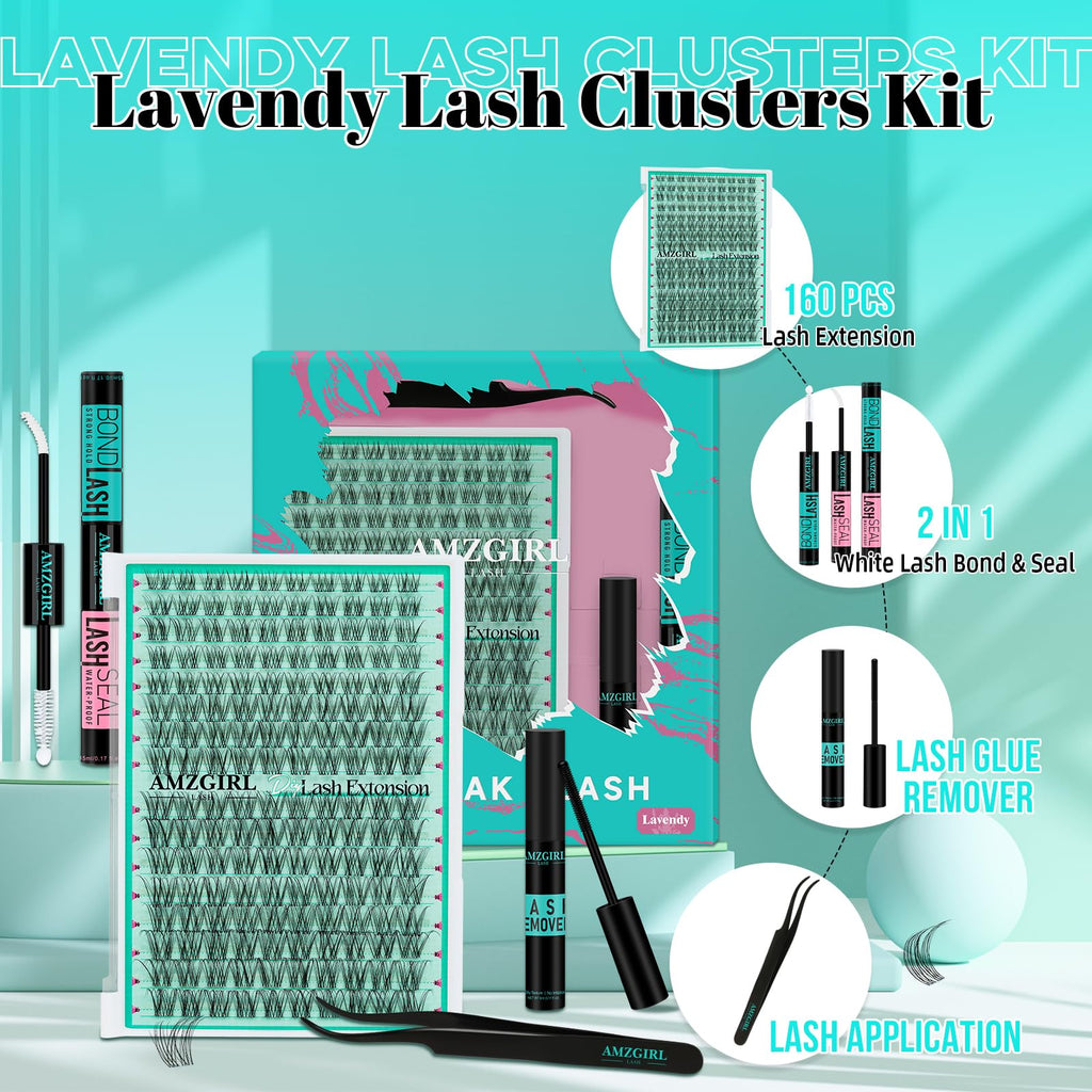 AMZGIRL LASH Lash Clusters Kit – 160 Natural Clusters + Bond & Seal, Remover, at-Home Lash Extensions (Lavendy, Kit)