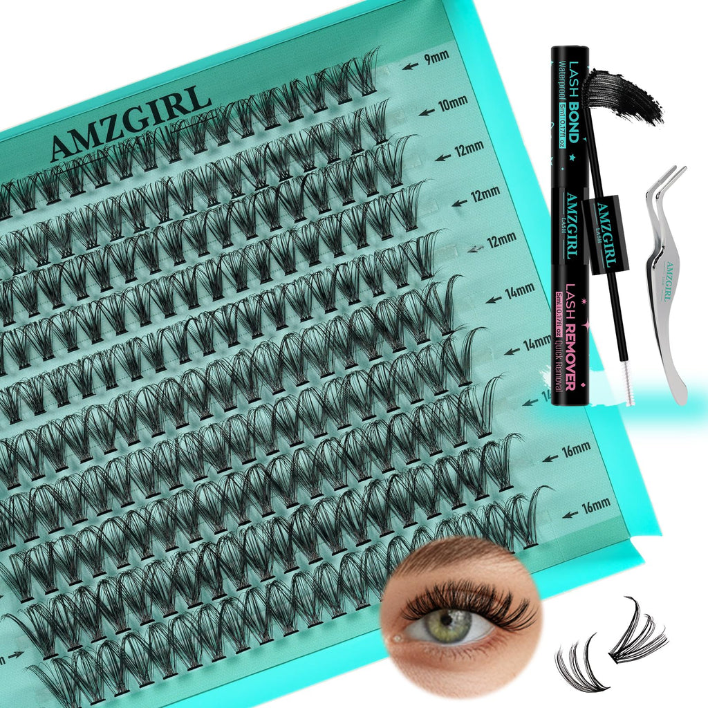 AMZGIRL LASH Lash Extension Kit 200Pcs – DIY Clusters 9-16mm with Bond & Remover
