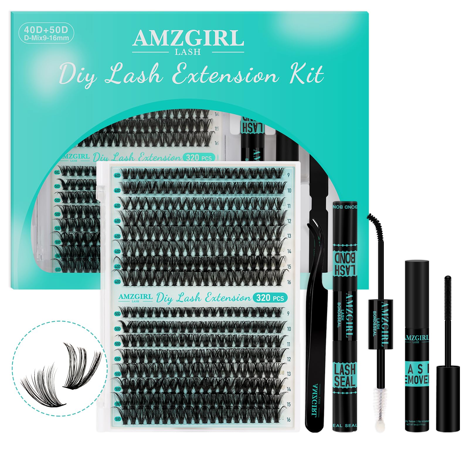 AMZGIRL LASH Lash Extension Kit — 320Pcs DIY Lash Clusters, Bond & Seal, Remover, Applicator (9–16mm, 40D/50D)