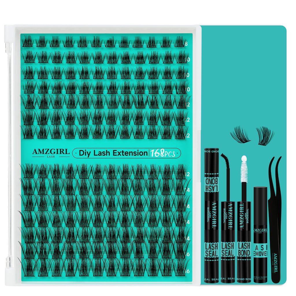AMZGIRL LASH Lash Extension Kit — 168Pcs DIY Cluster Lashes with Bond, Seal, Remover & Applicator
