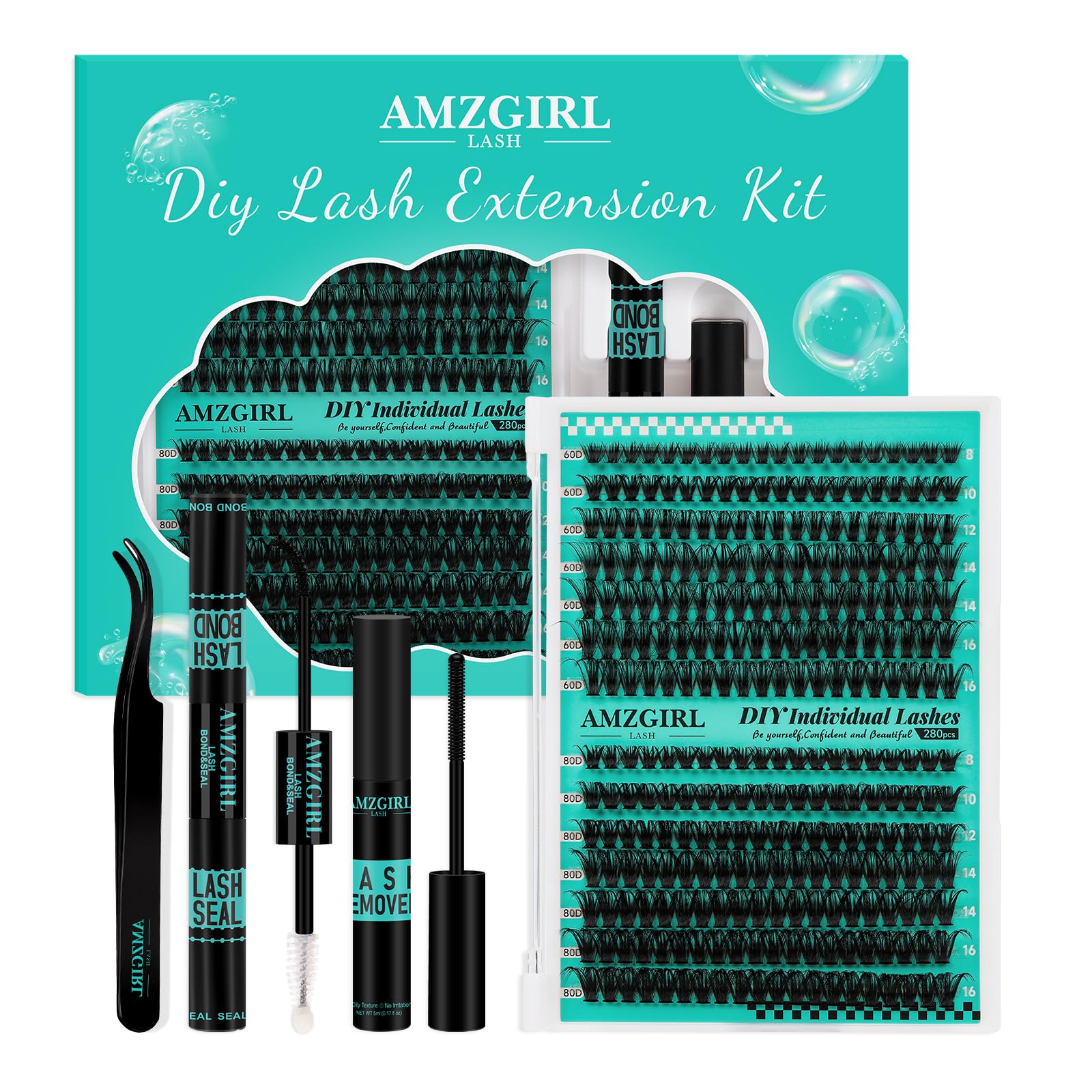 AMZGIRL LASH Lash Extension Kit 280Pcs – 60D/80D Mixed Lashes, Bond & Seal, Remover, DIY Home Kit