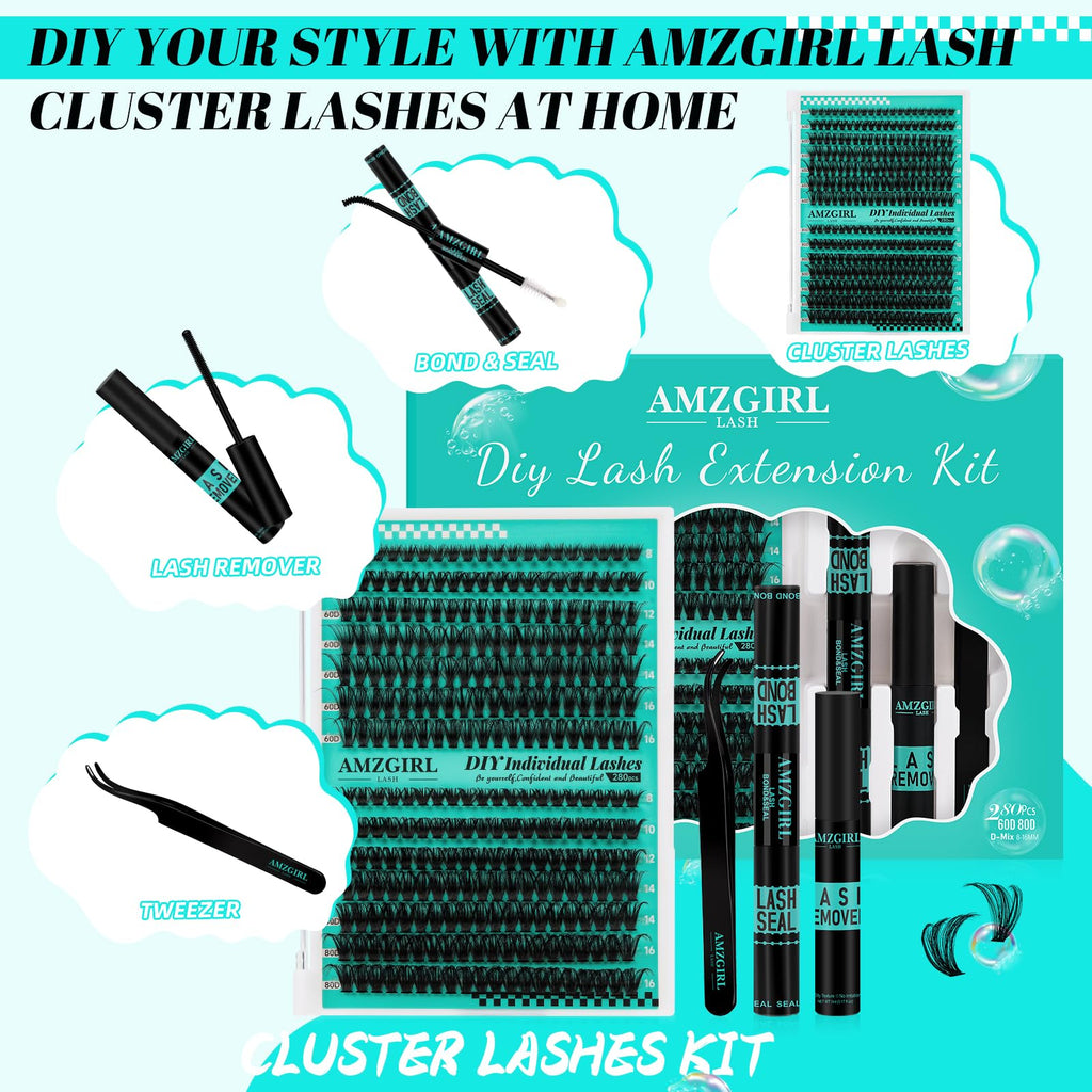 AMZGIRL LASH Lash Extension Kit 280Pcs – 60D/80D Mixed Lashes, Bond & Seal, Remover, DIY Home Kit