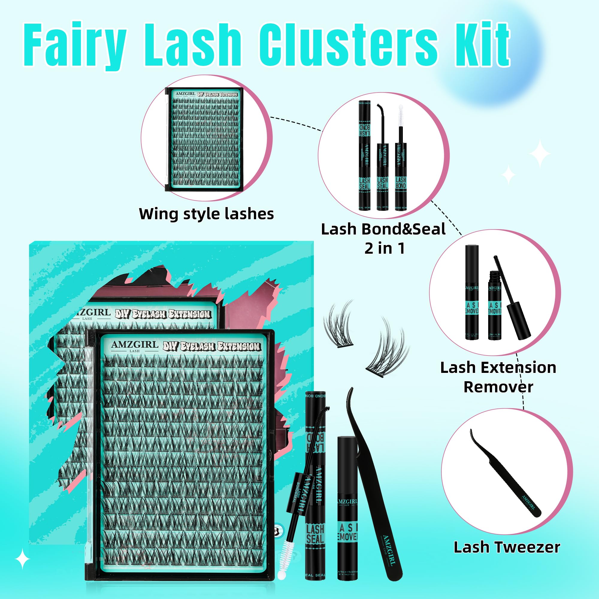 AMZGIRL LASH Manga Lash Clusters Kit 168pcs – C Curl Fairy Lashes with Bond & Seal, Remover & Tweezers