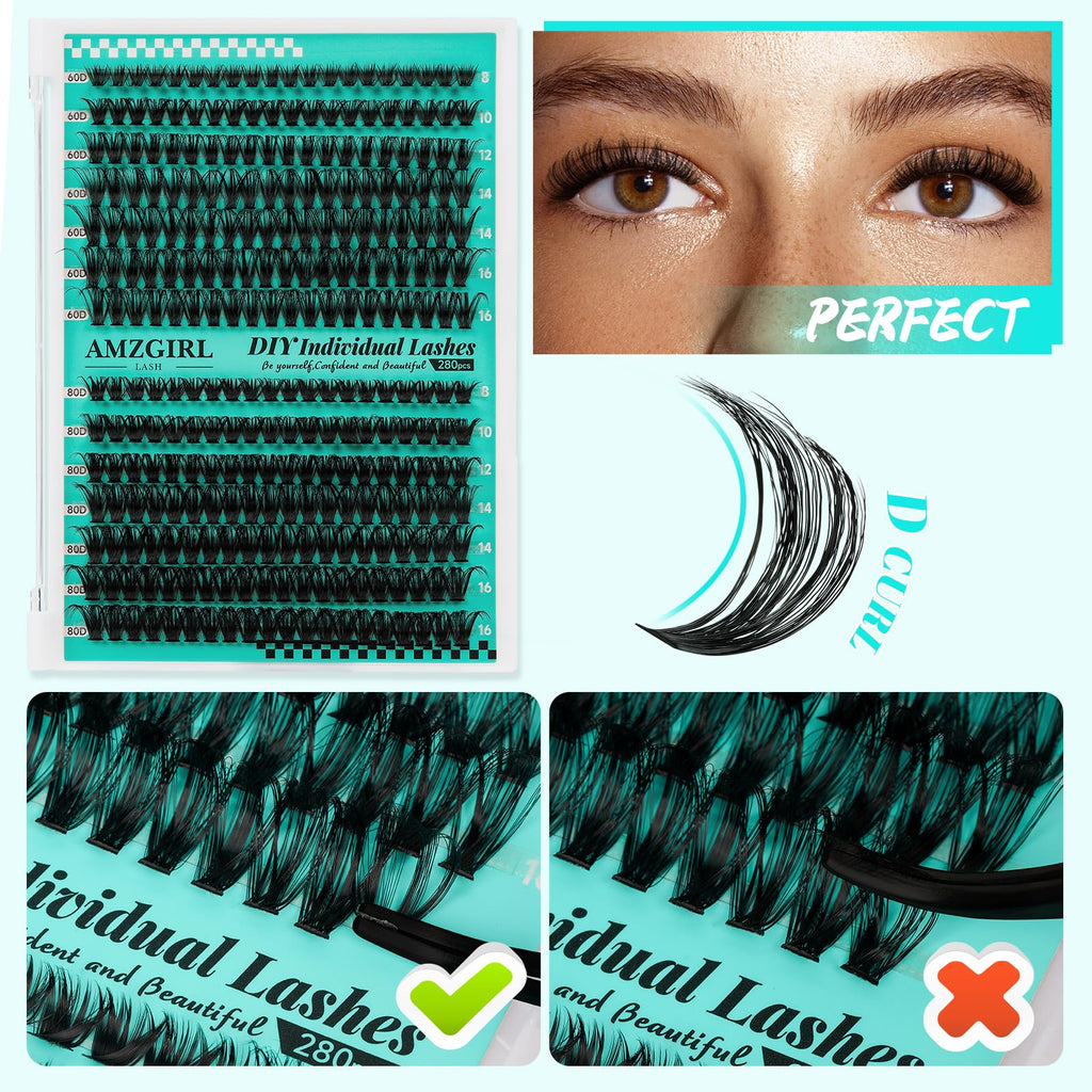 AMZGIRL LASH Lash Clusters Kit 280Pcs – DIY Eyelash Extensions 60D/80D, Bond & Seal, Remover, Applicator