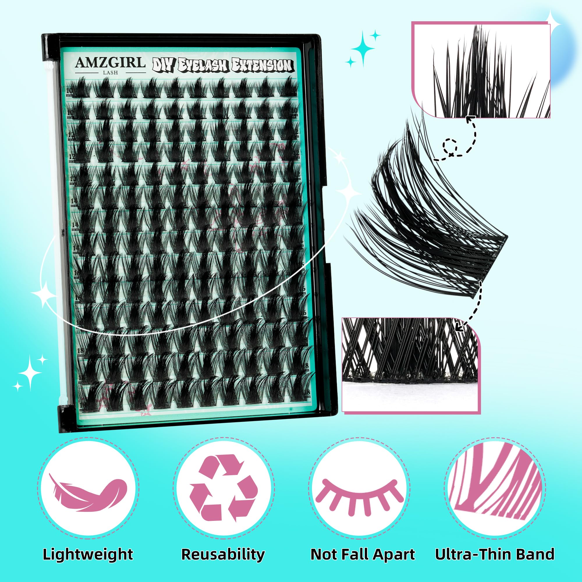 AMZGIRL LASH Manga Lash Clusters Kit 140pcs C-Curl – Waterproof Bond & Seal