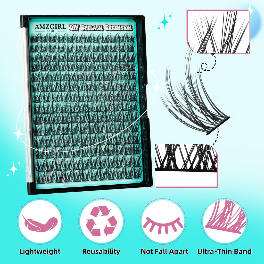 AMZGIRL LASH Manga Lash Clusters Kit 168pcs – C Curl Fairy Lashes with Bond & Seal, Remover & Tweezers