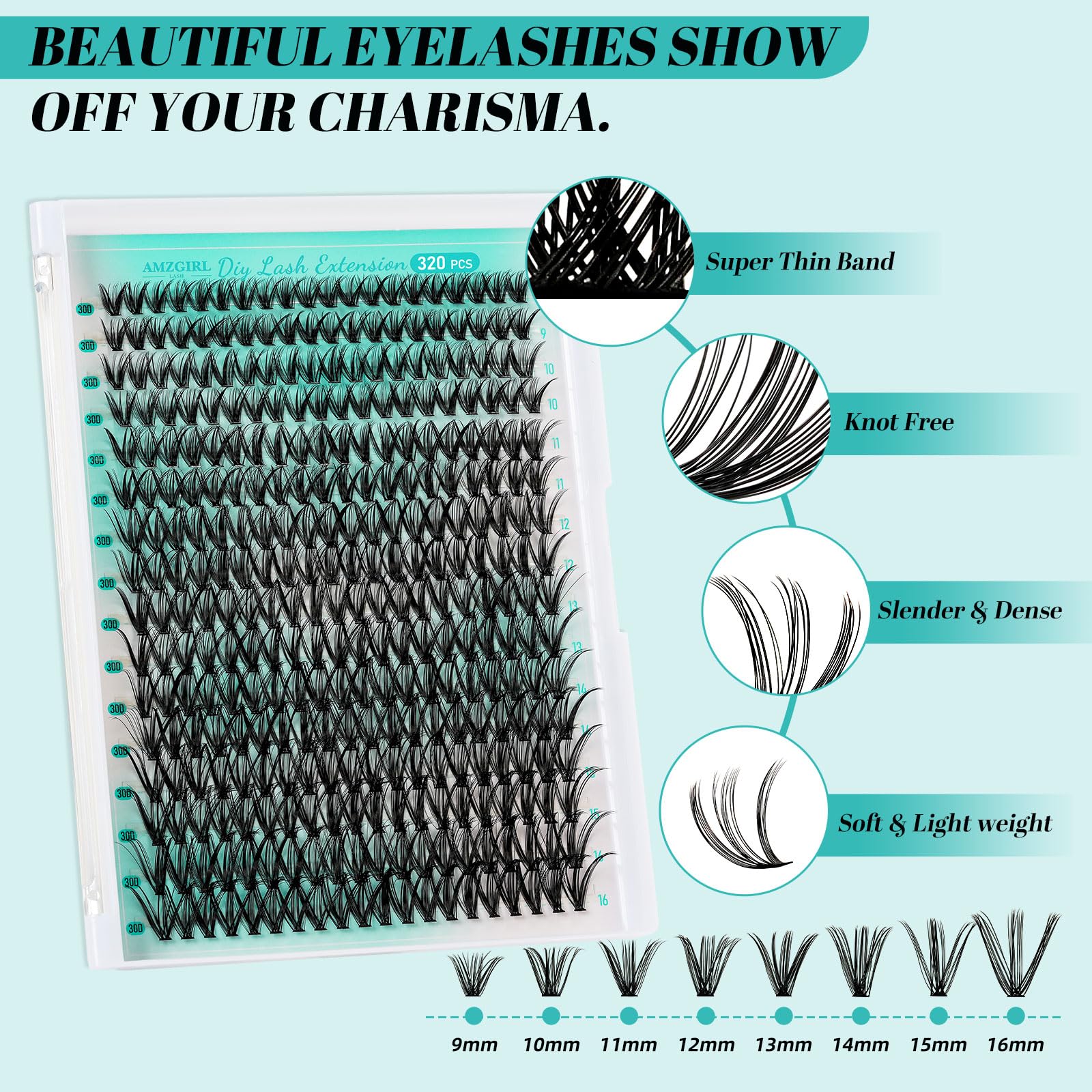 AMZGIRL LASH Lash Clusters Kit 320Pcs – DIY 30D 9-16mm with Bond & Seal