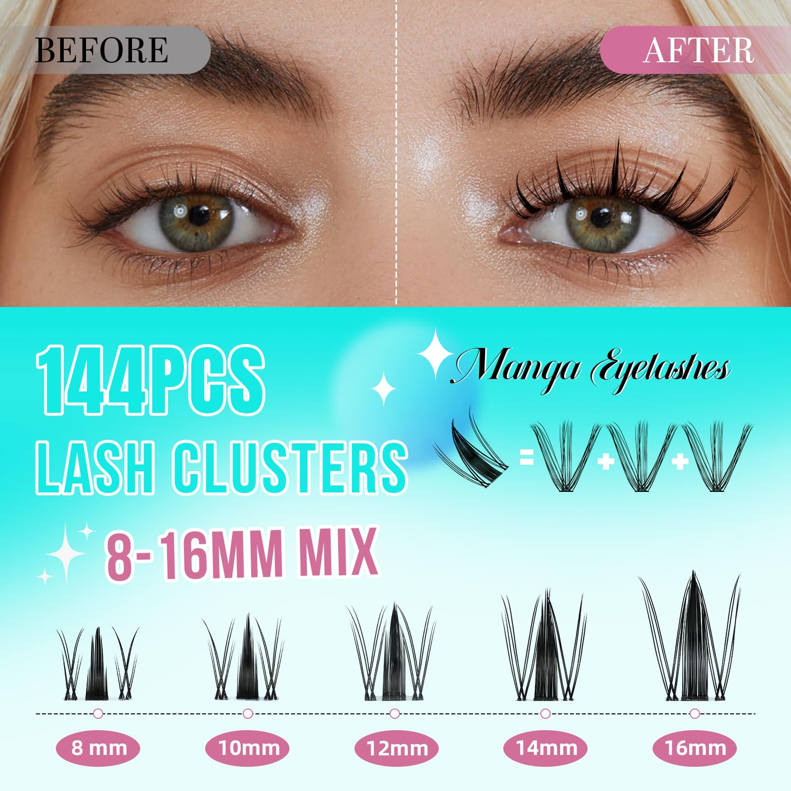 AMZGIRL LASH Manga Lash Clusters Kit 144PCS – Invisible Band, Bond & Seal, 8-16mm