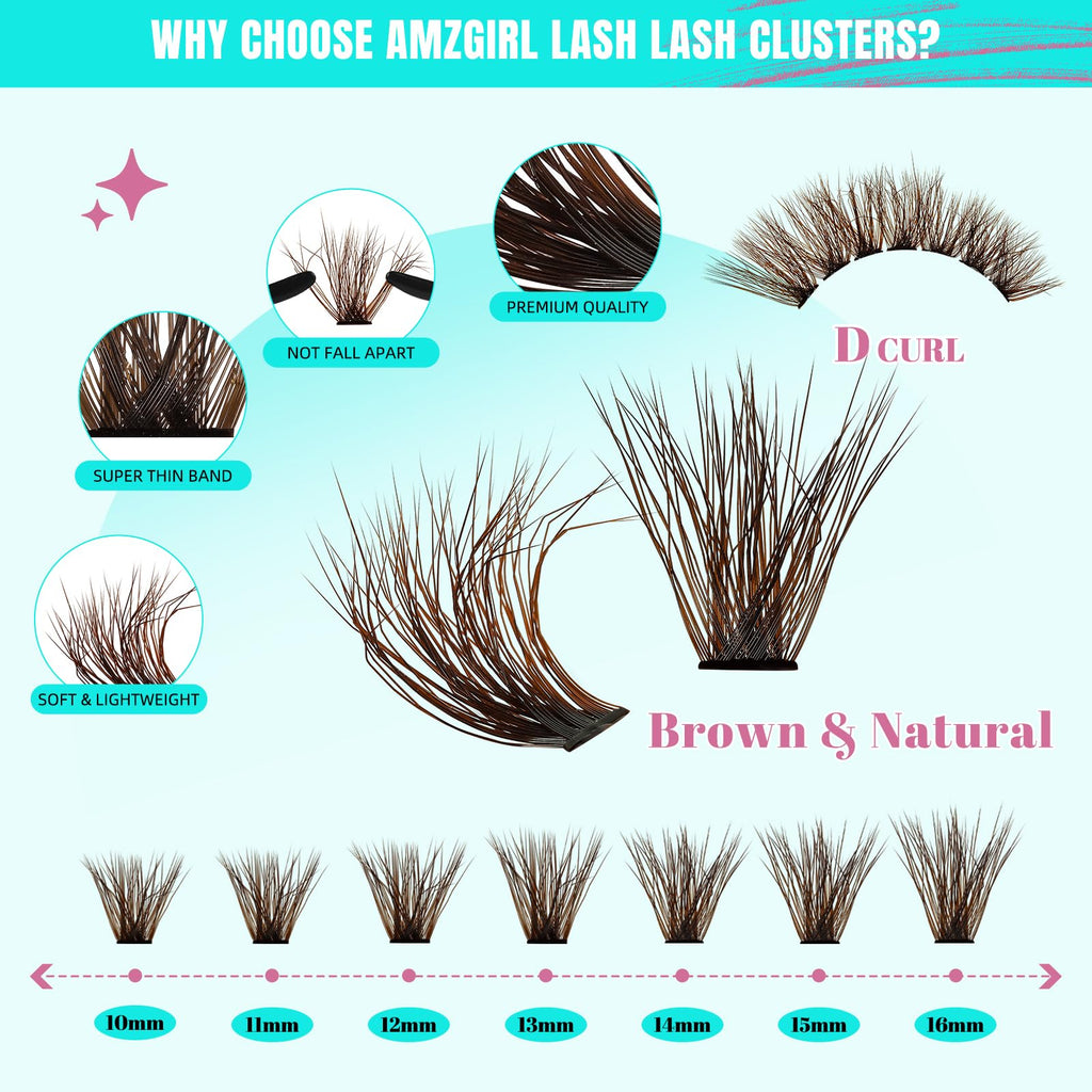 AMZGIRL LASH Brown Lash Clusters Kit — 320Pcs 80D DIY Lash Extensions at Home