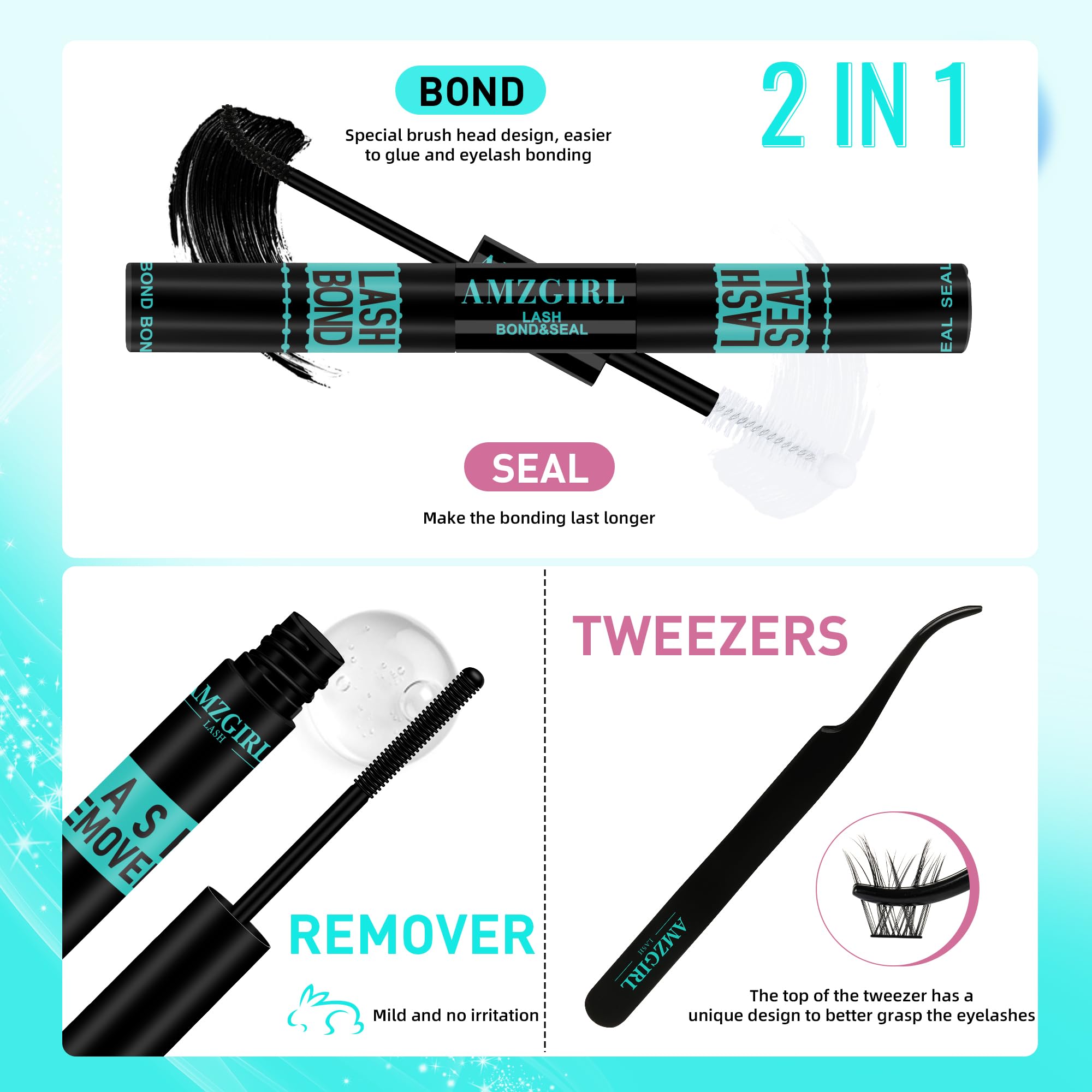 AMZGIRL LASH Manga Lash Clusters Kit 168pcs – C Curl Fairy Lashes with Bond & Seal, Remover & Tweezers