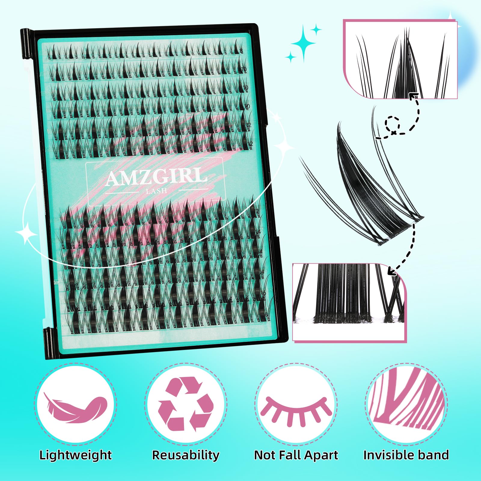 AMZGIRL LASH Manga Lash Clusters Kit 144PCS – Invisible Band, Bond & Seal, 8-16mm