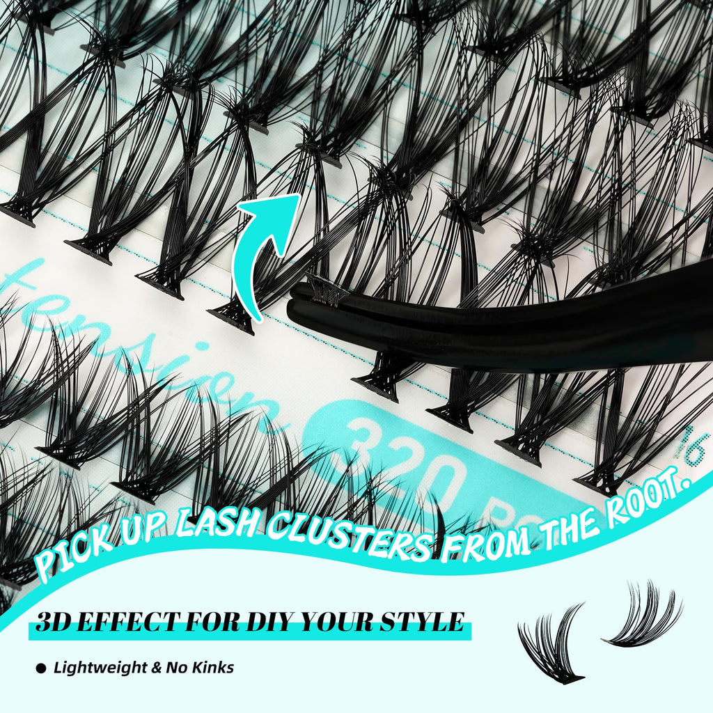 AMZGIRL LASH Lash Clusters Kit 320pcs — 9-16mm D Curl, Bond & Seal, Remover & Applicator