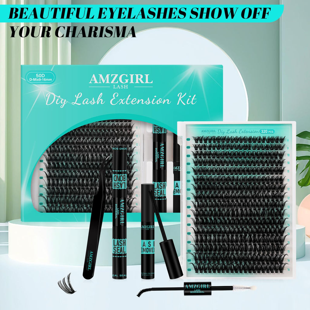 AMZGIRL LASH Lash Clusters Kit 320Pcs — DIY Lash Extensions 50D with Bond & Seal
