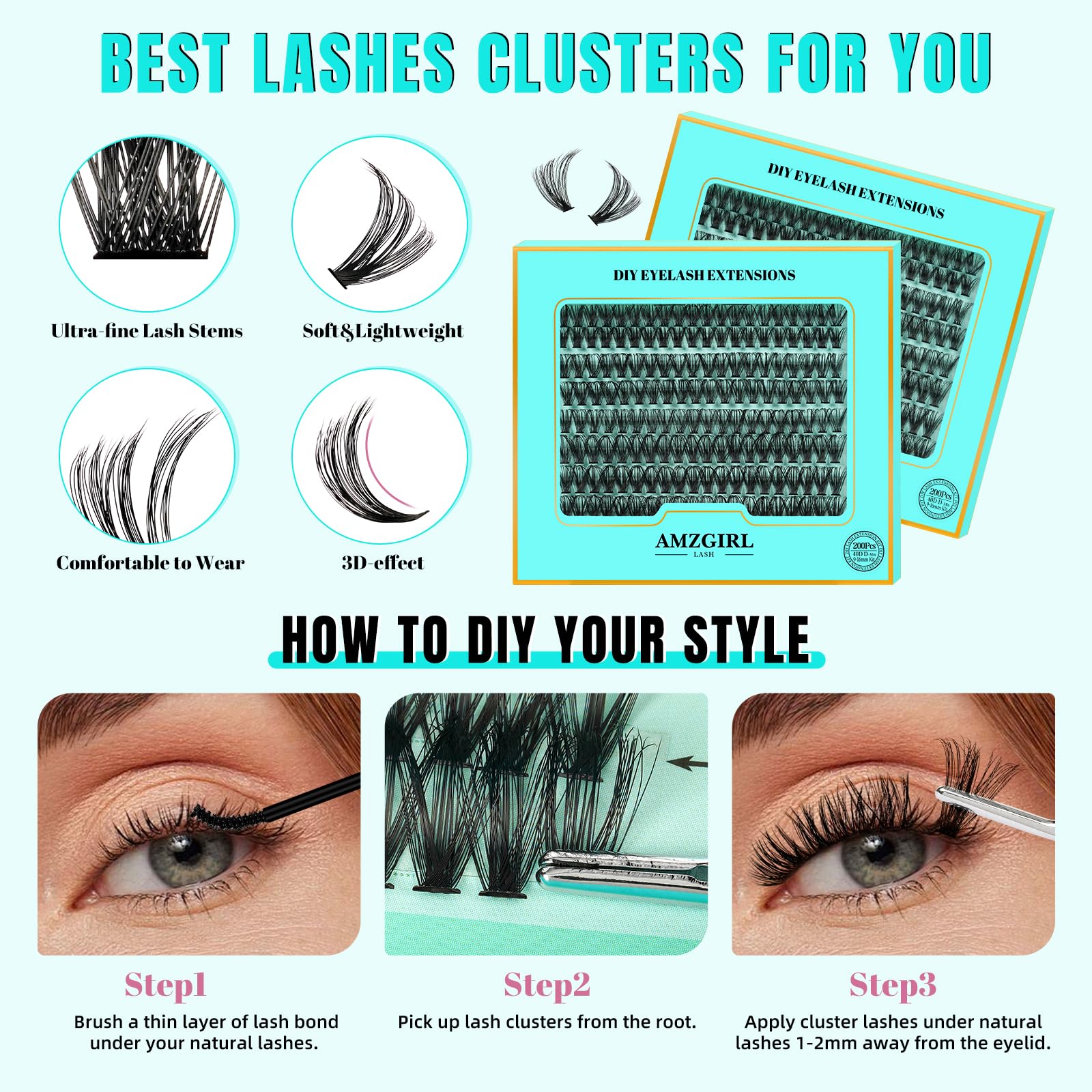 AMZGIRL LASH Lash Extension Kit 200Pcs – DIY Clusters 9-16mm with Bond & Remover