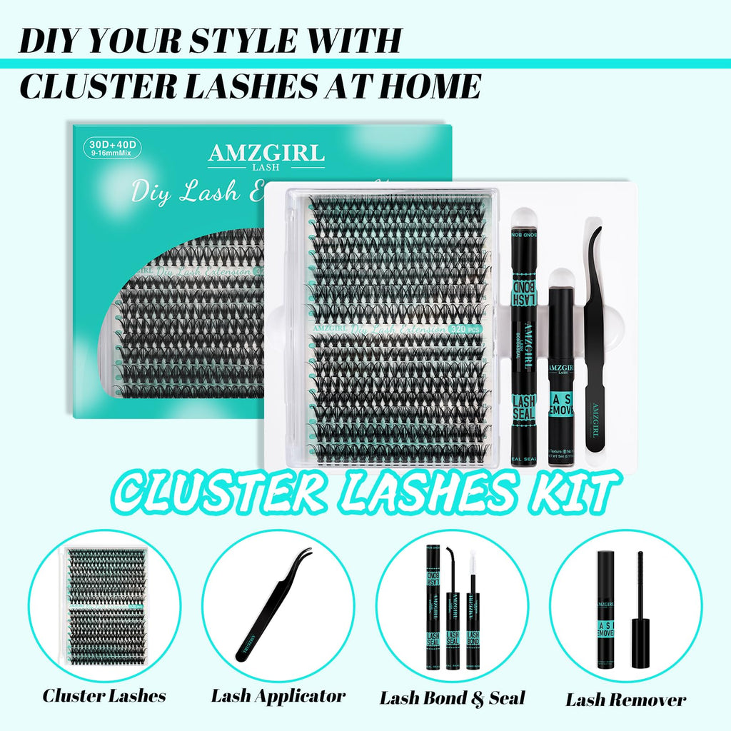 AMZGIRL LASH Lash Clusters Kit 320pcs — 9-16mm D Curl, Bond & Seal, Remover & Applicator