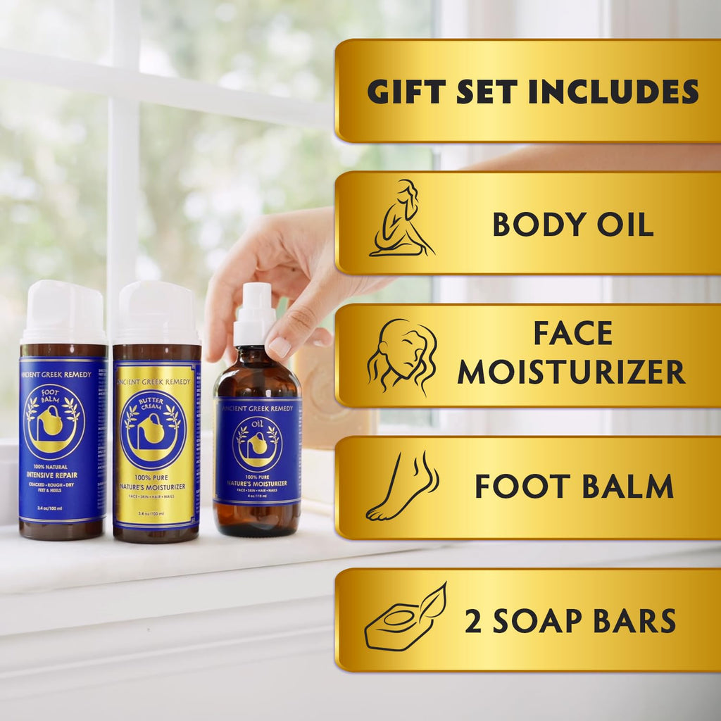 Ancient Greek Remedy Organic Spa Gift Set – Body Oil, Face Moisturizer, Foot Balm, Lavender Soap Bars & Holder
