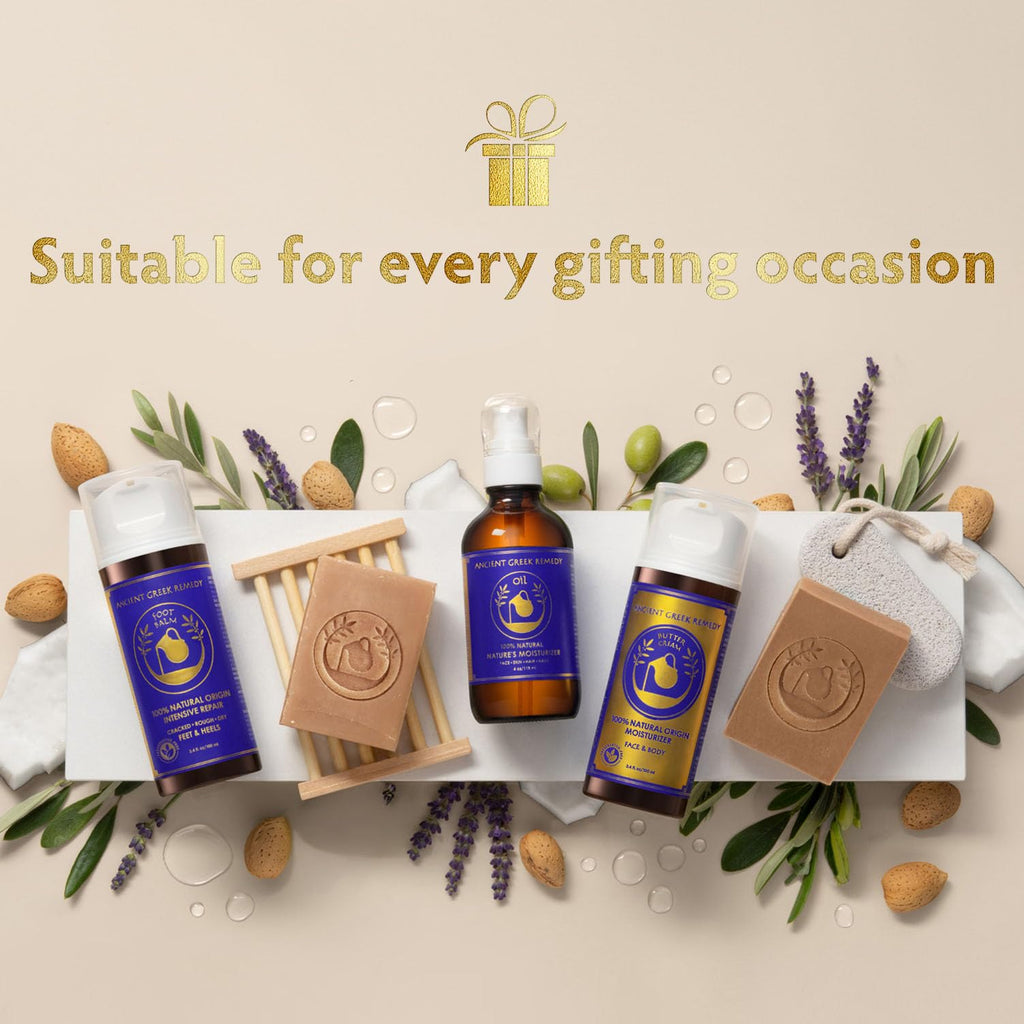 Ancient Greek Remedy Organic Spa Gift Set – Body Oil, Face Moisturizer, Foot Balm, Lavender Soap Bars & Holder