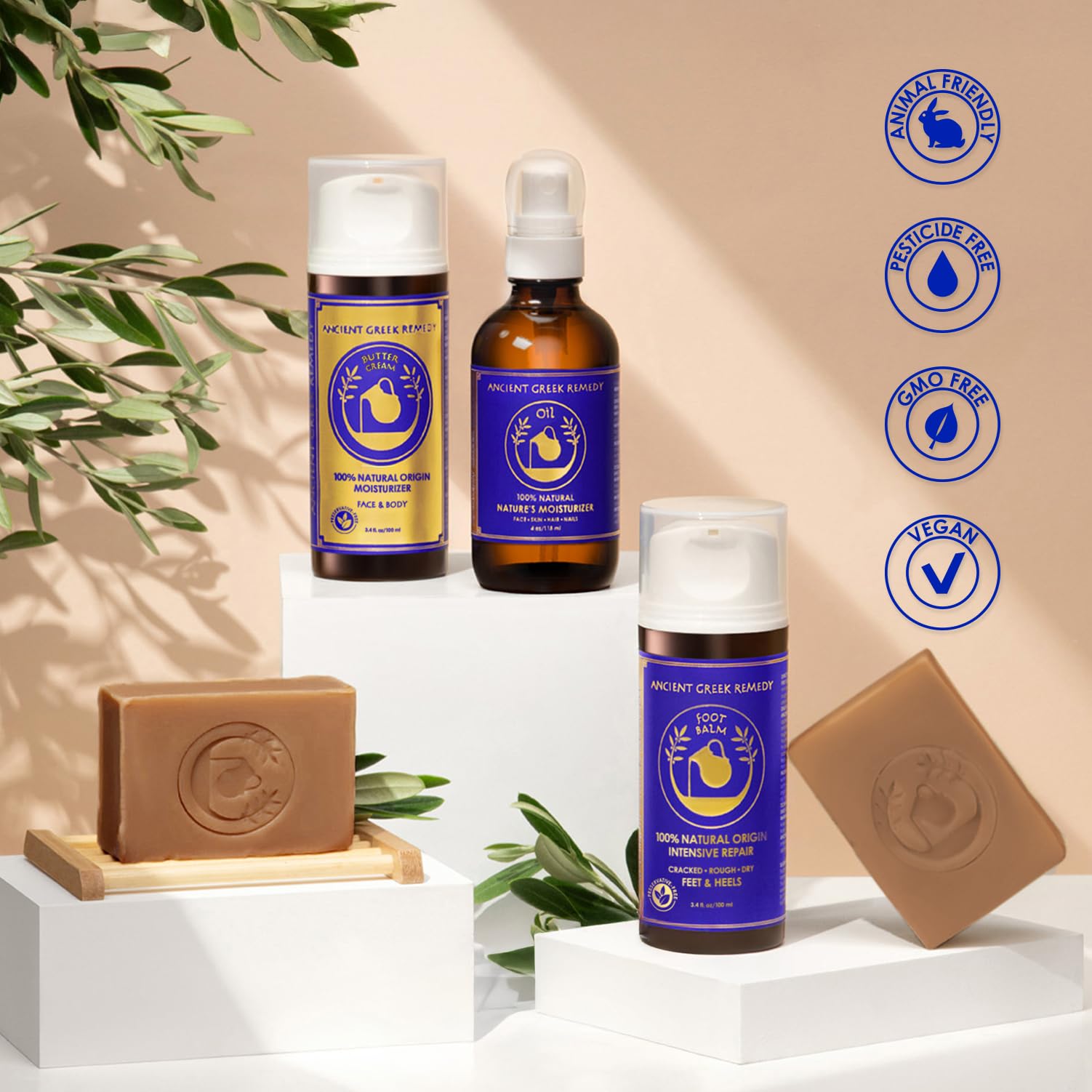 Ancient Greek Remedy Organic Spa Gift Set – Body Oil, Face Moisturizer, Foot Balm, Lavender Soap Bars & Holder