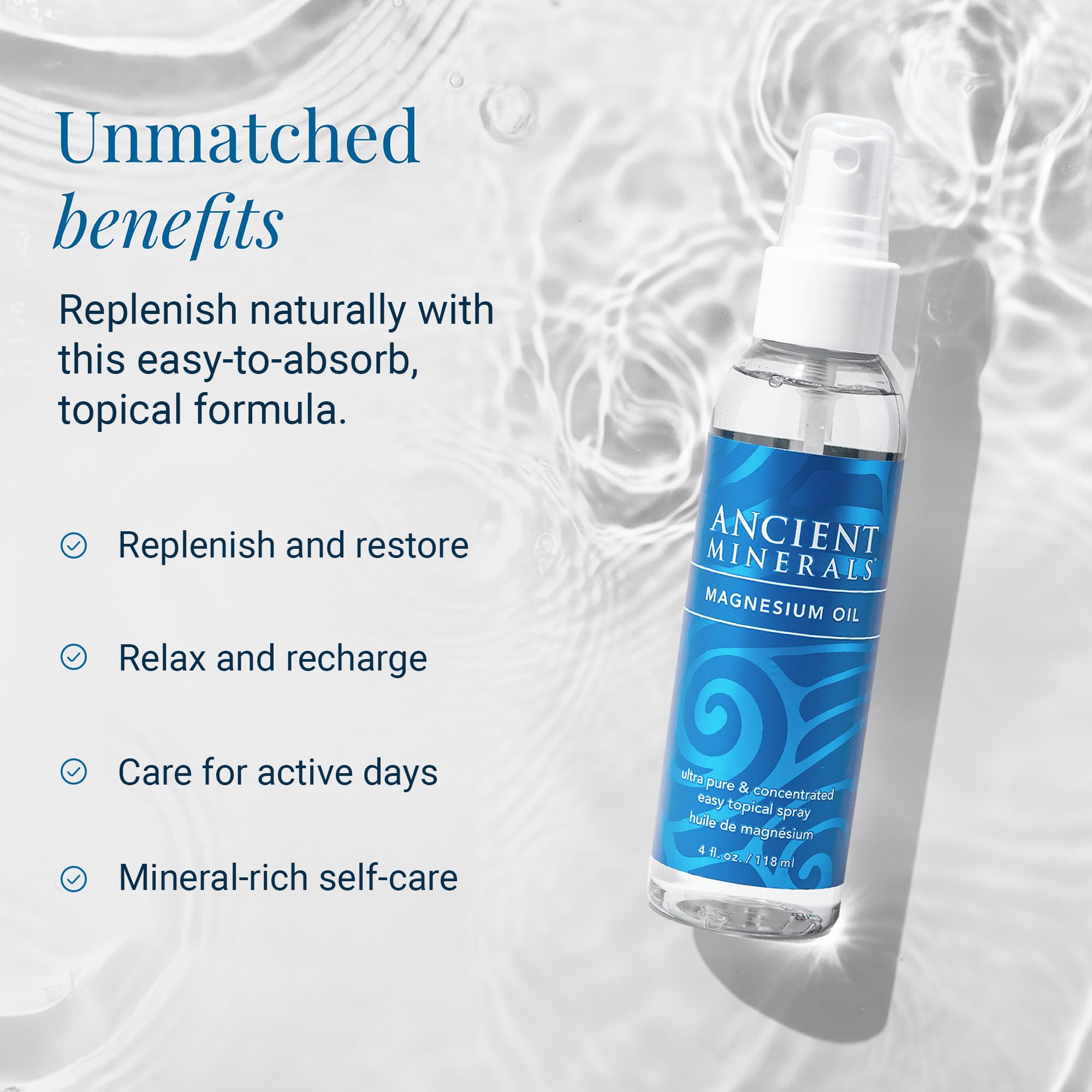 Ancient Minerals Magnesium Oil Spray – Pure Zechstein Magnesium Chloride for Topical Skin Care (4 fl oz)