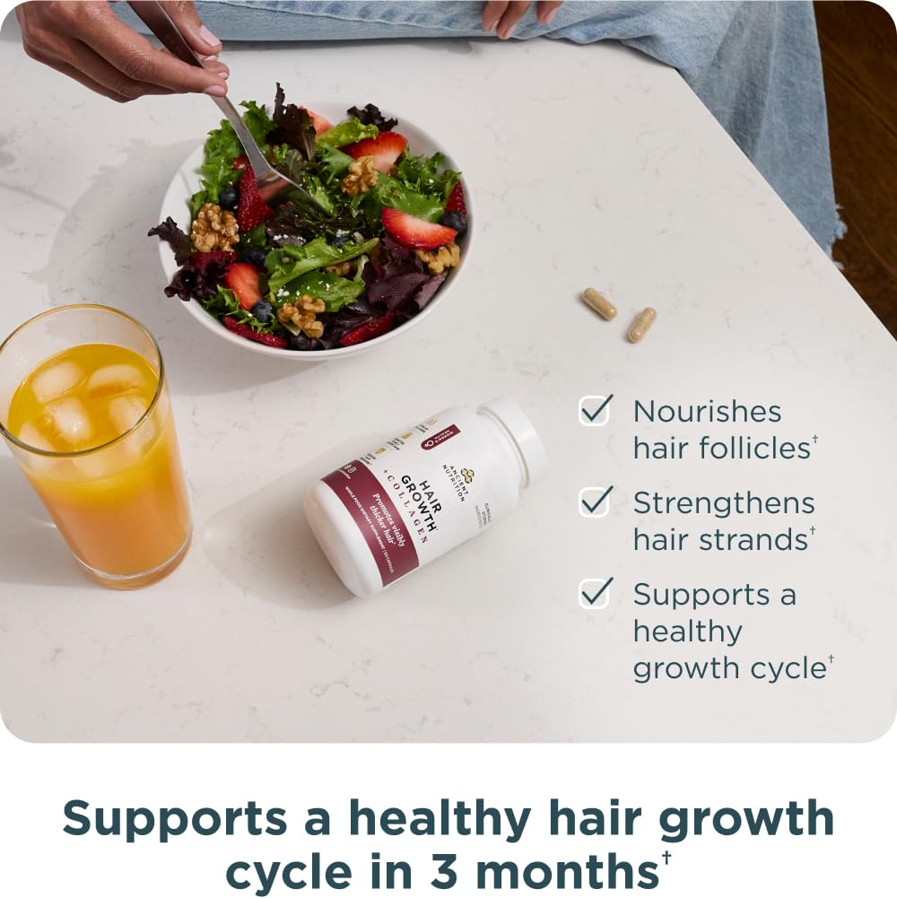 Ancient Nutrition Hair Growth + Collagen Supplement — Hydrolyzed Collagen Peptides, Clinically Studied Superfoods, 60 Count