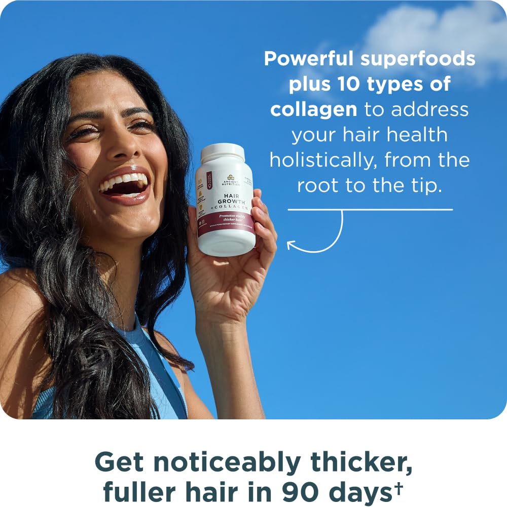 Ancient Nutrition Hair Growth + Collagen Supplement — Hydrolyzed Collagen Peptides, Clinically Studied Superfoods, 60 Count