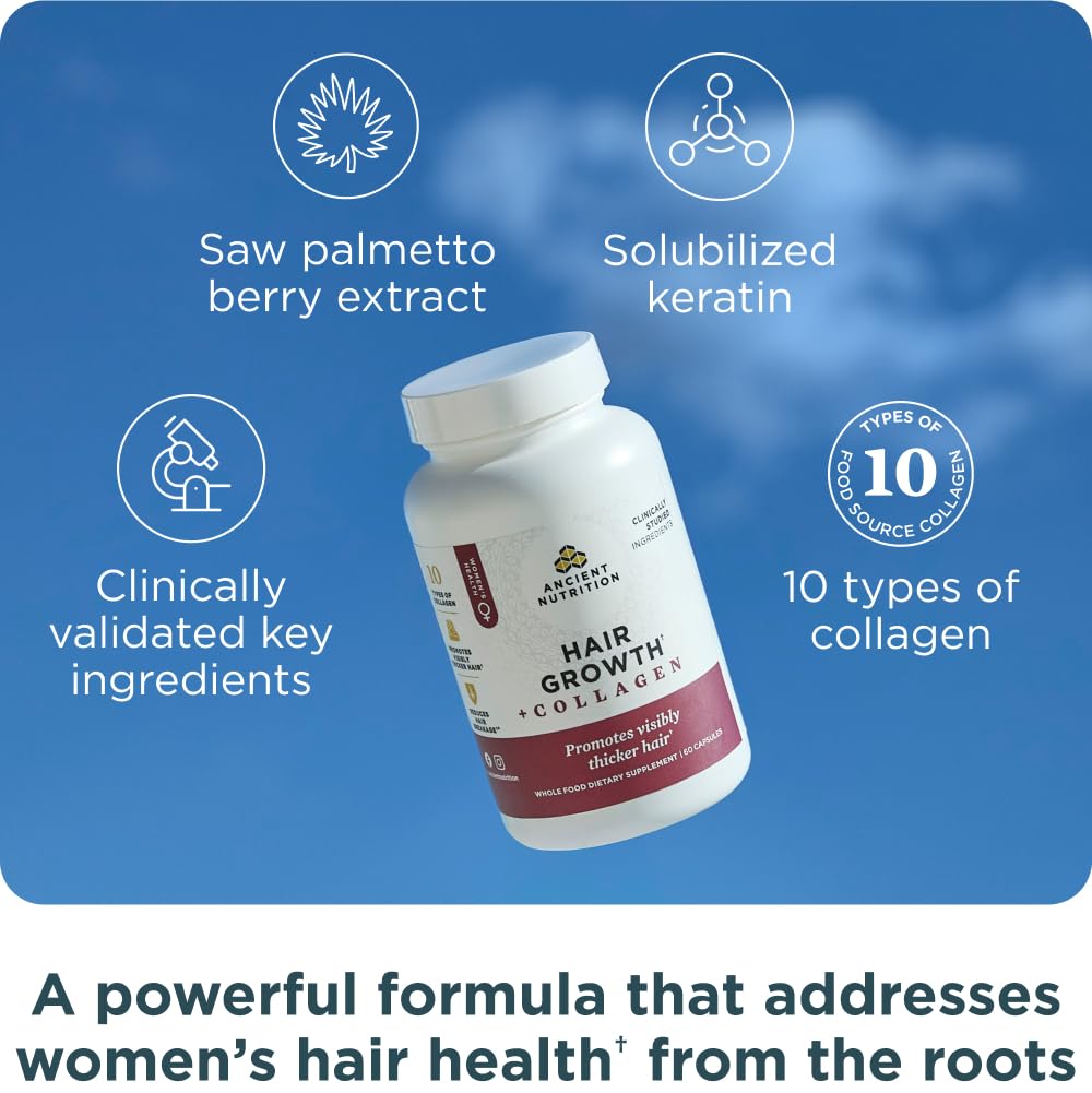 Ancient Nutrition Hair Growth + Collagen Supplement — Hydrolyzed Collagen Peptides, Clinically Studied Superfoods, 60 Count