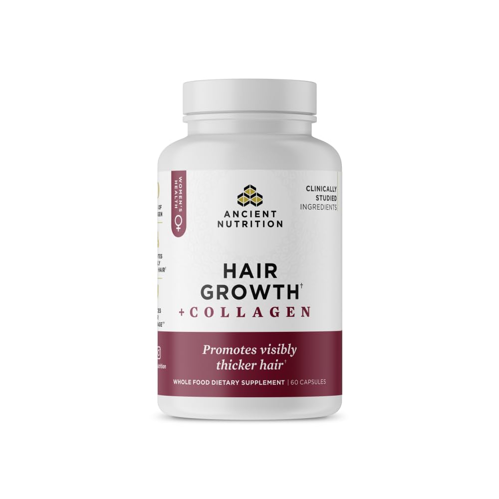 Ancient Nutrition Hair Growth + Collagen Supplement — Hydrolyzed Collagen Peptides, Clinically Studied Superfoods, 60 Count