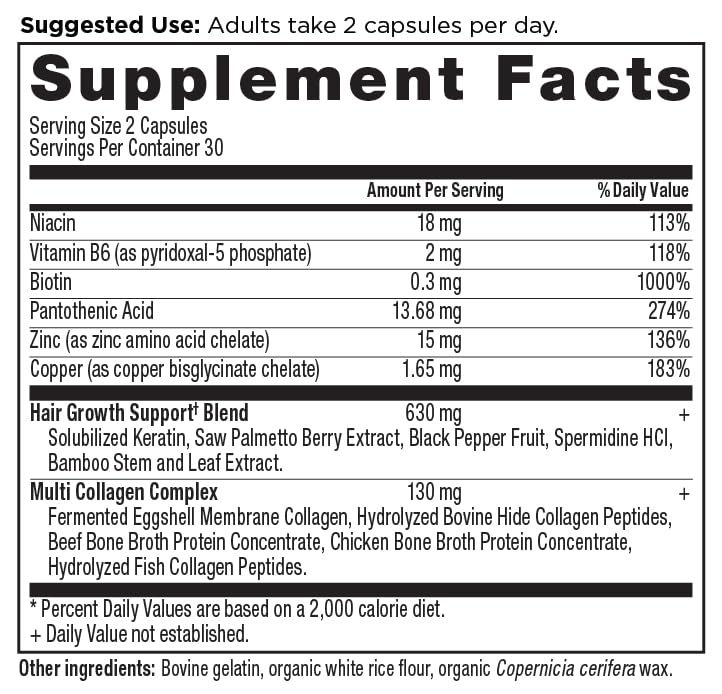 Ancient Nutrition Hair Growth + Collagen Supplement — Hydrolyzed Collagen Peptides, Clinically Studied Superfoods, 60 Count