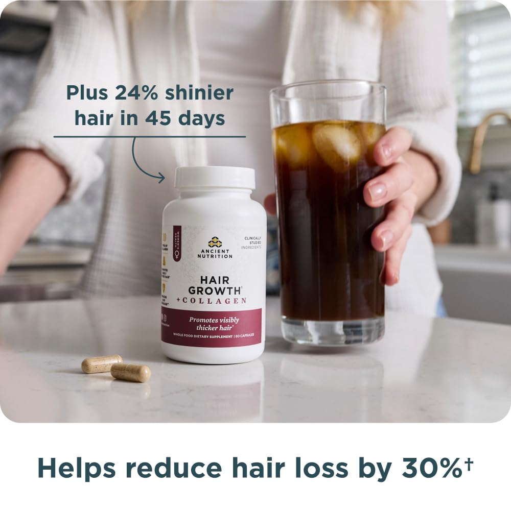 Ancient Nutrition Hair Growth + Collagen Supplement — Hydrolyzed Collagen Peptides, Clinically Studied Superfoods, 60 Count