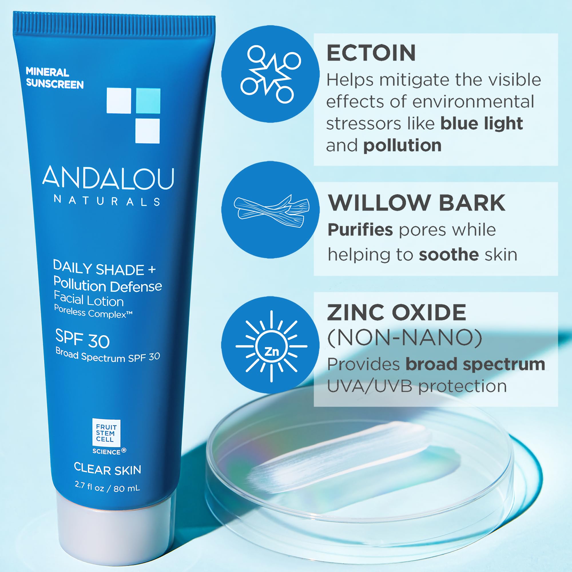 Andalou Naturals Daily Shade SPF 30 Mineral Sunscreen – Matte, Lightweight Face Lotion