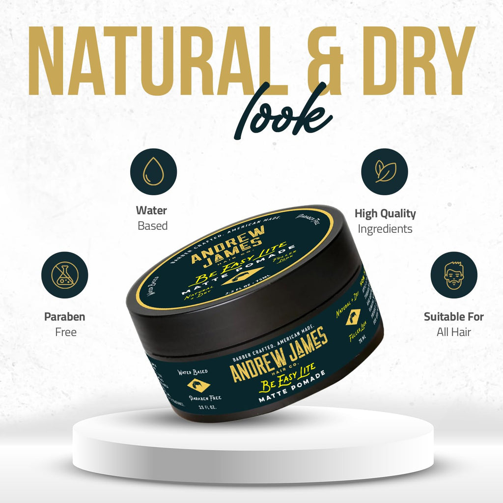 ANDREW JAMES Matte Pomade 2.75 oz | Be Easy Lite — Natural Matte Finish, Medium Hold