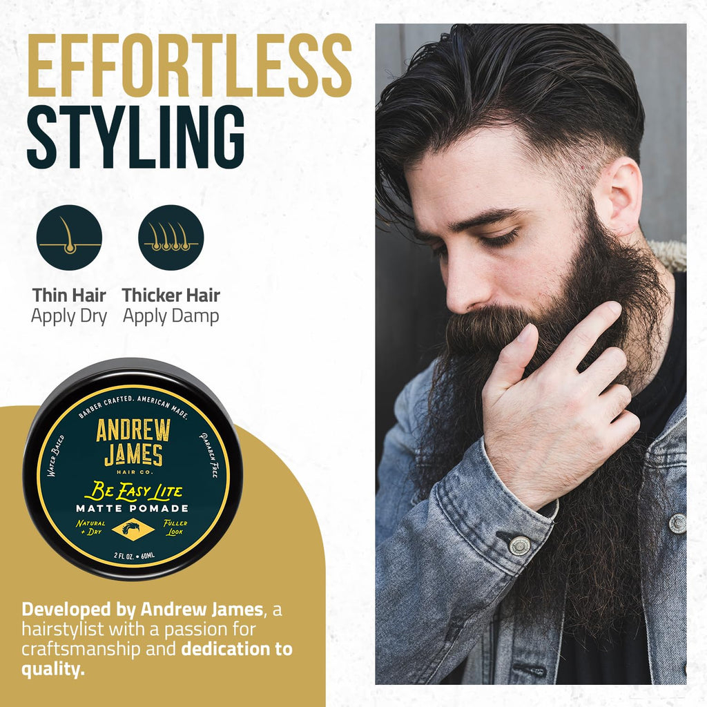 ANDREW JAMES Matte Pomade 2.75 oz | Be Easy Lite — Natural Matte Finish, Medium Hold