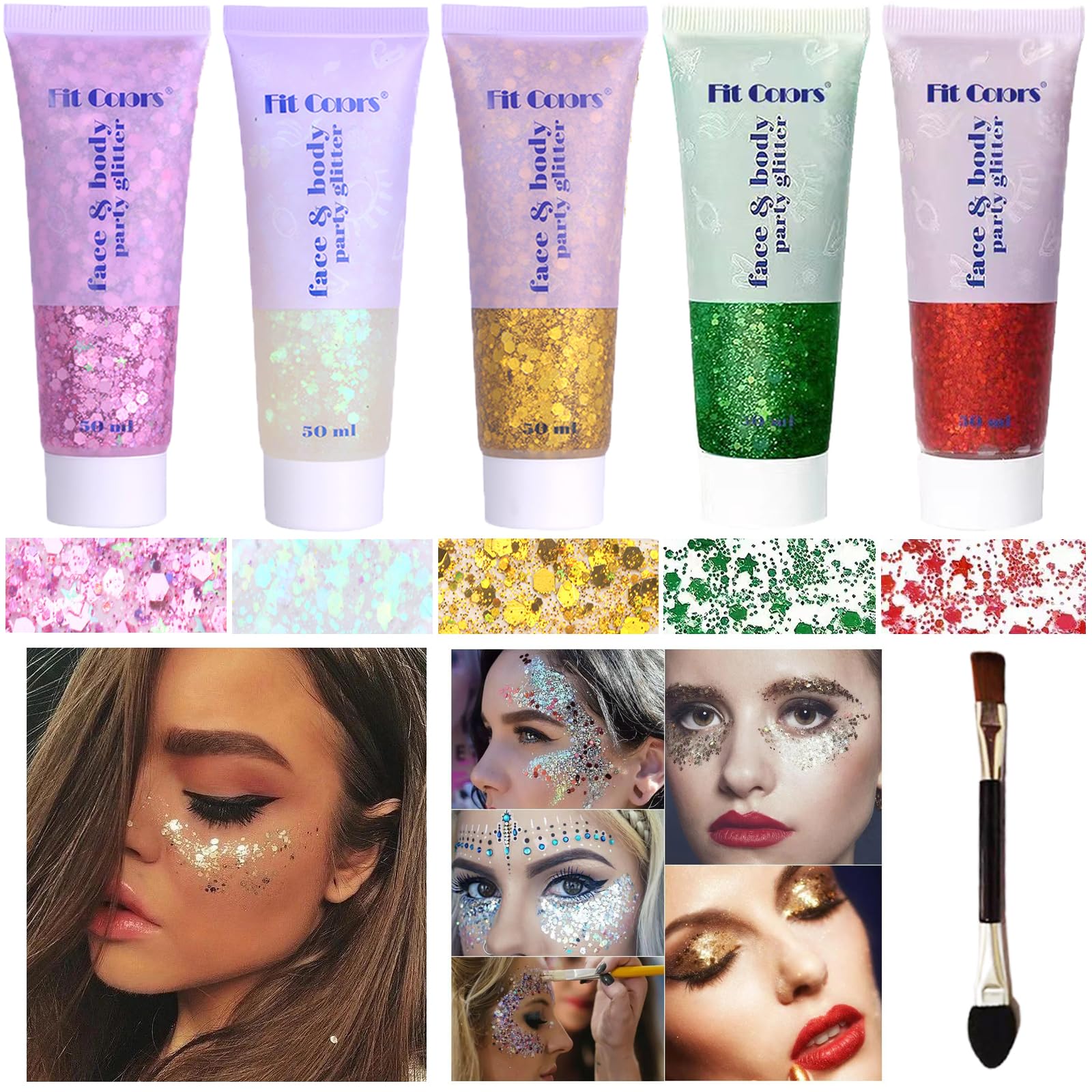 Angels Beauty Body Glitter Gel – 50ml Chunky Sequins for Face & Body (White, Pink, Gold, Green, Red)
