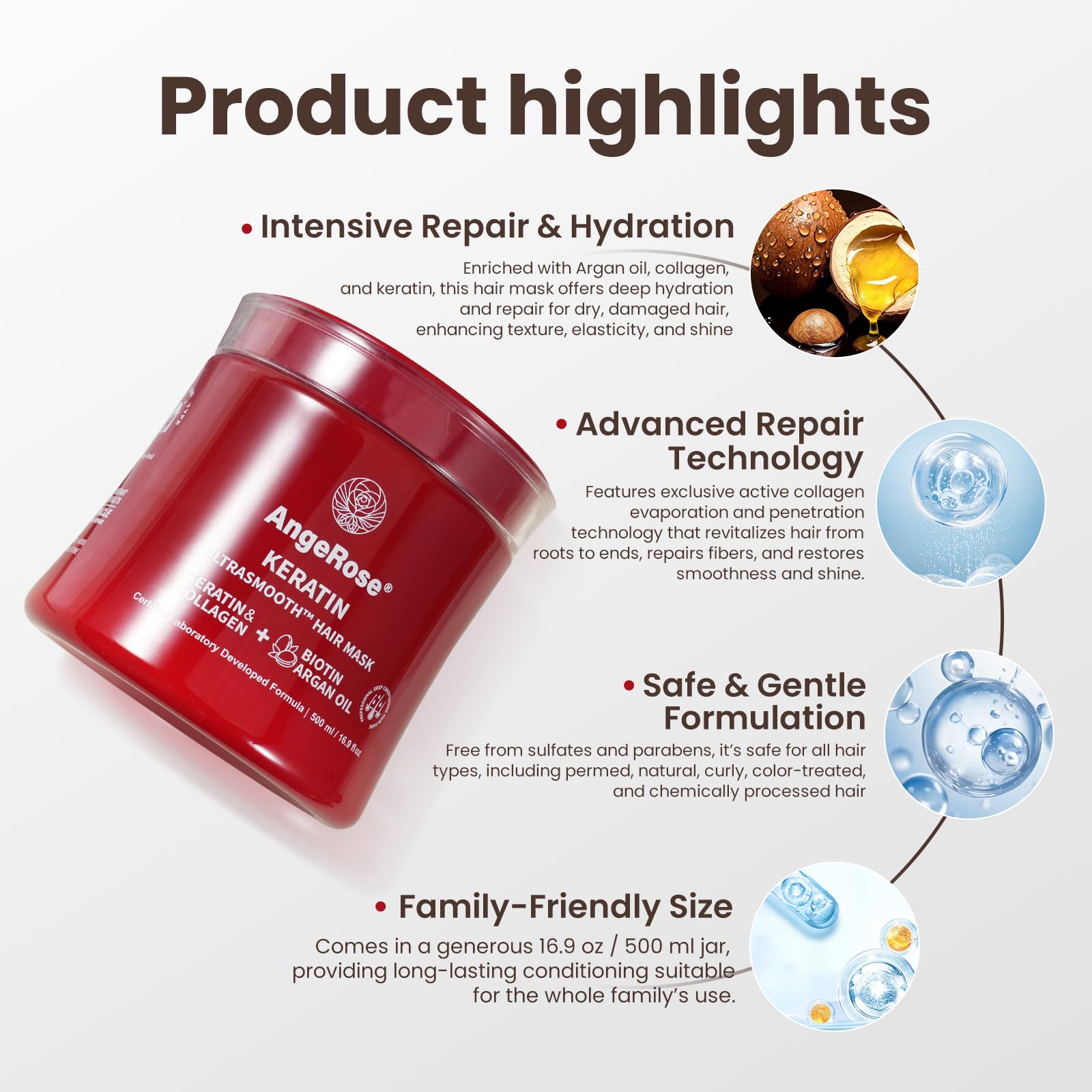 AngeRose Keratin Hair Mask with Collagen & Argan Oil – Deep Conditioner 16.9 oz