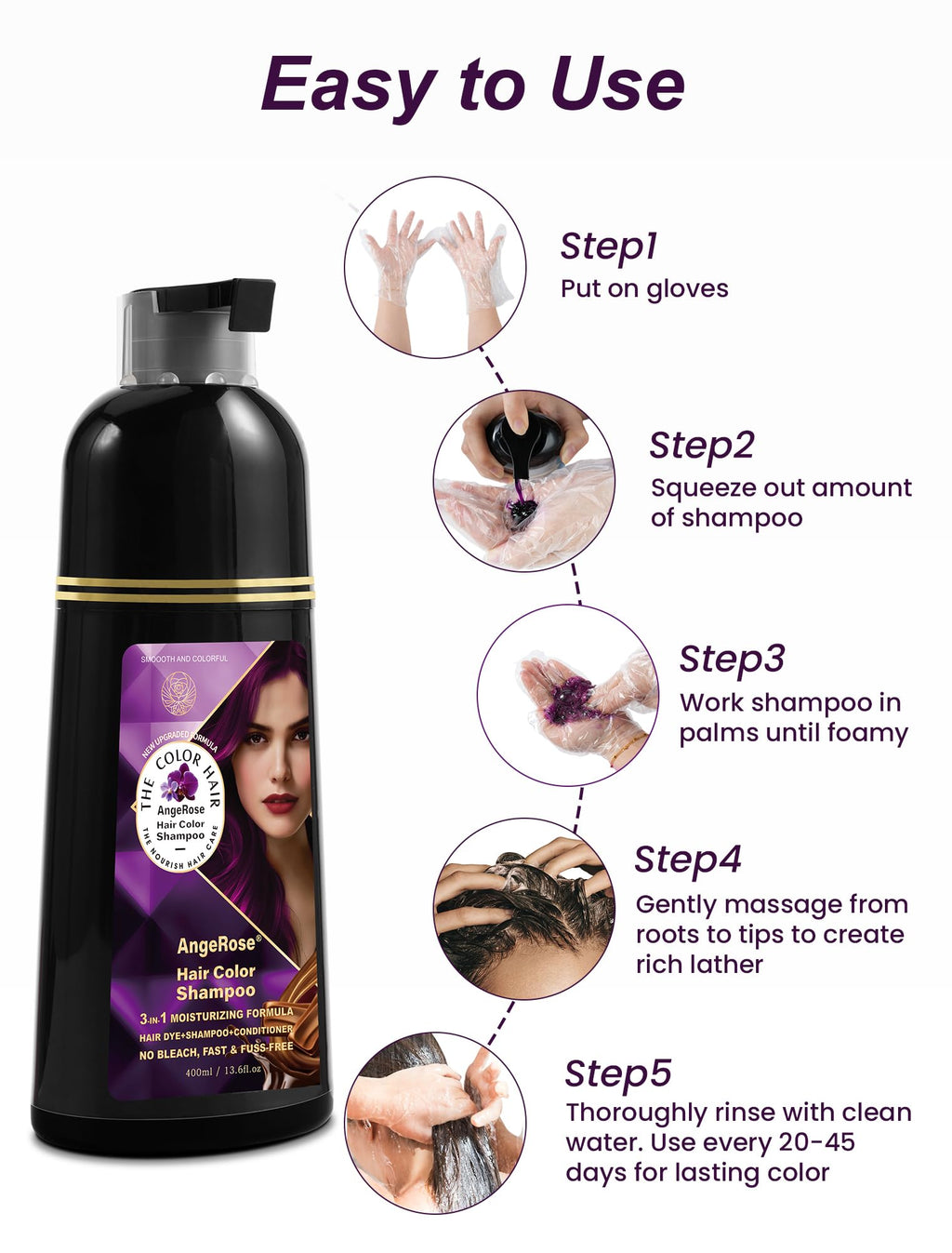 AngeRose Hair Dye Shampoo 3-in-1, Purple – Quick Gray Coverage in 15 Minutes