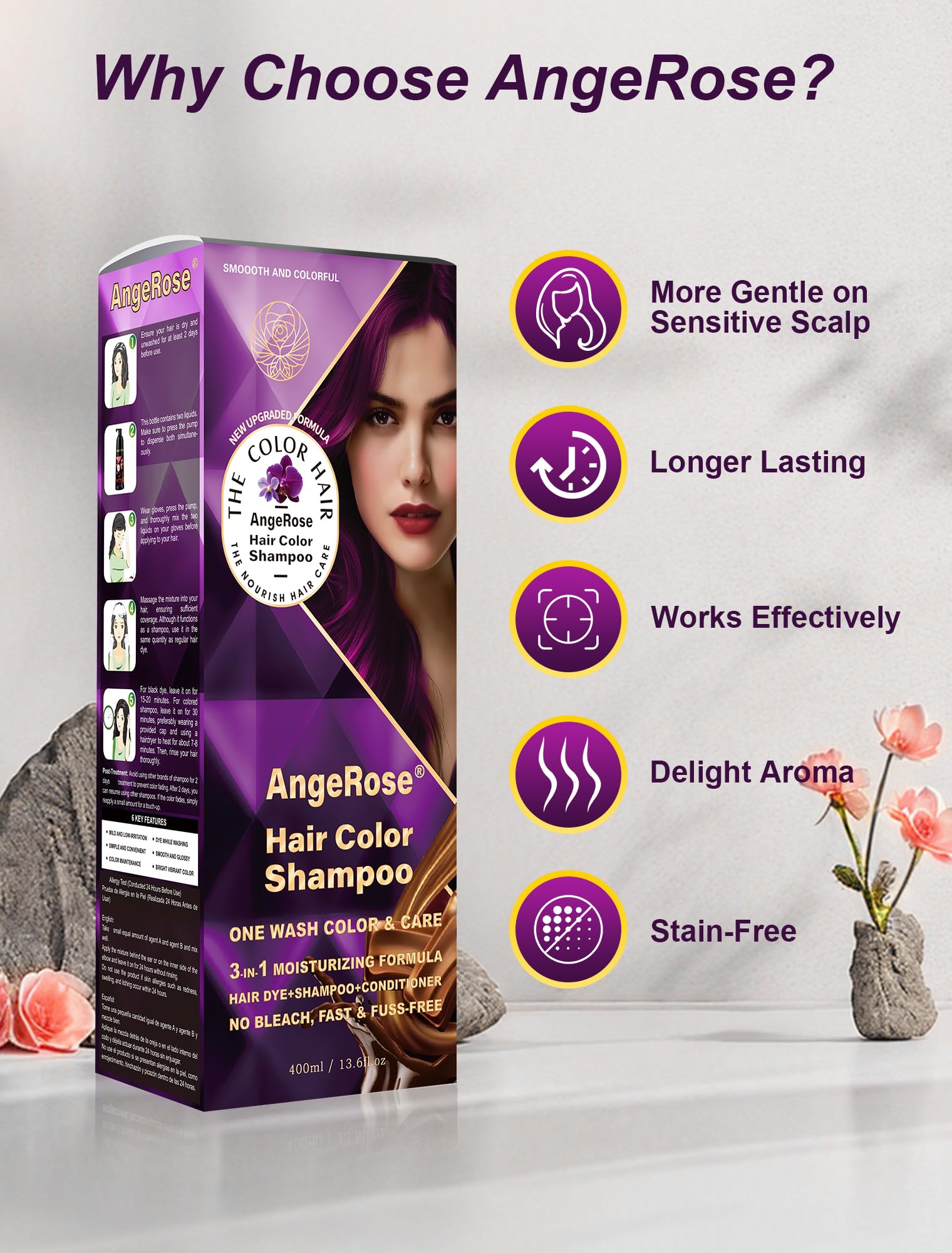 AngeRose Hair Dye Shampoo 3-in-1, Purple – Quick Gray Coverage in 15 Minutes
