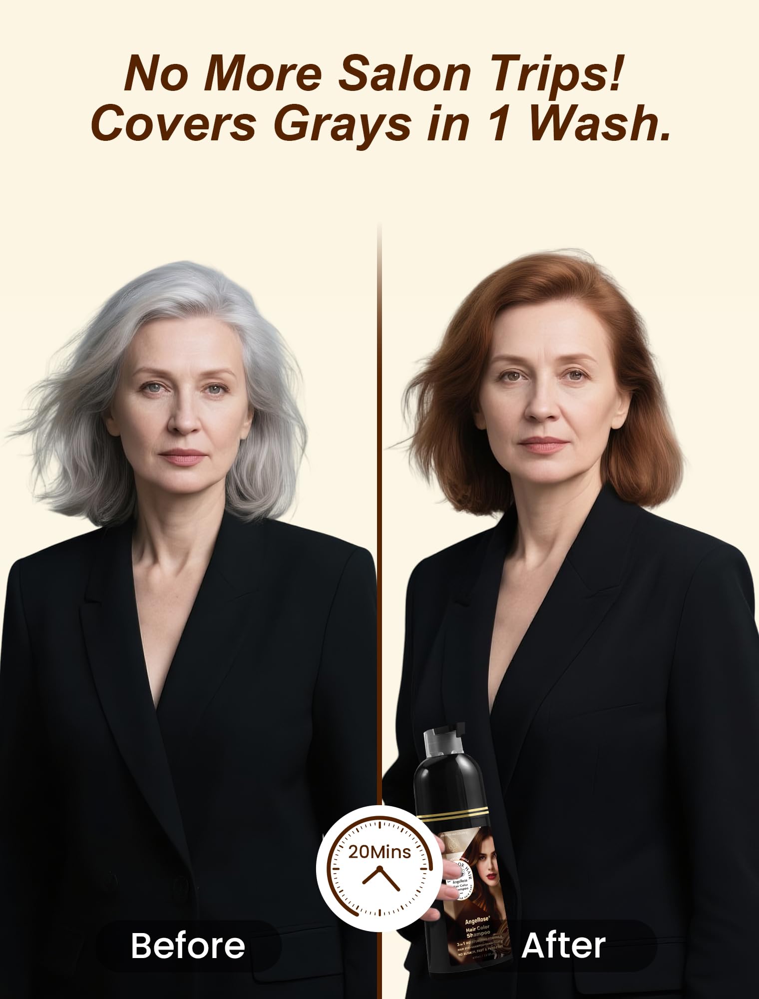 AngeRose Chestnut Brown Hair Dye Shampoo 3-in-1 — Natural Gray Coverage, 400 ml