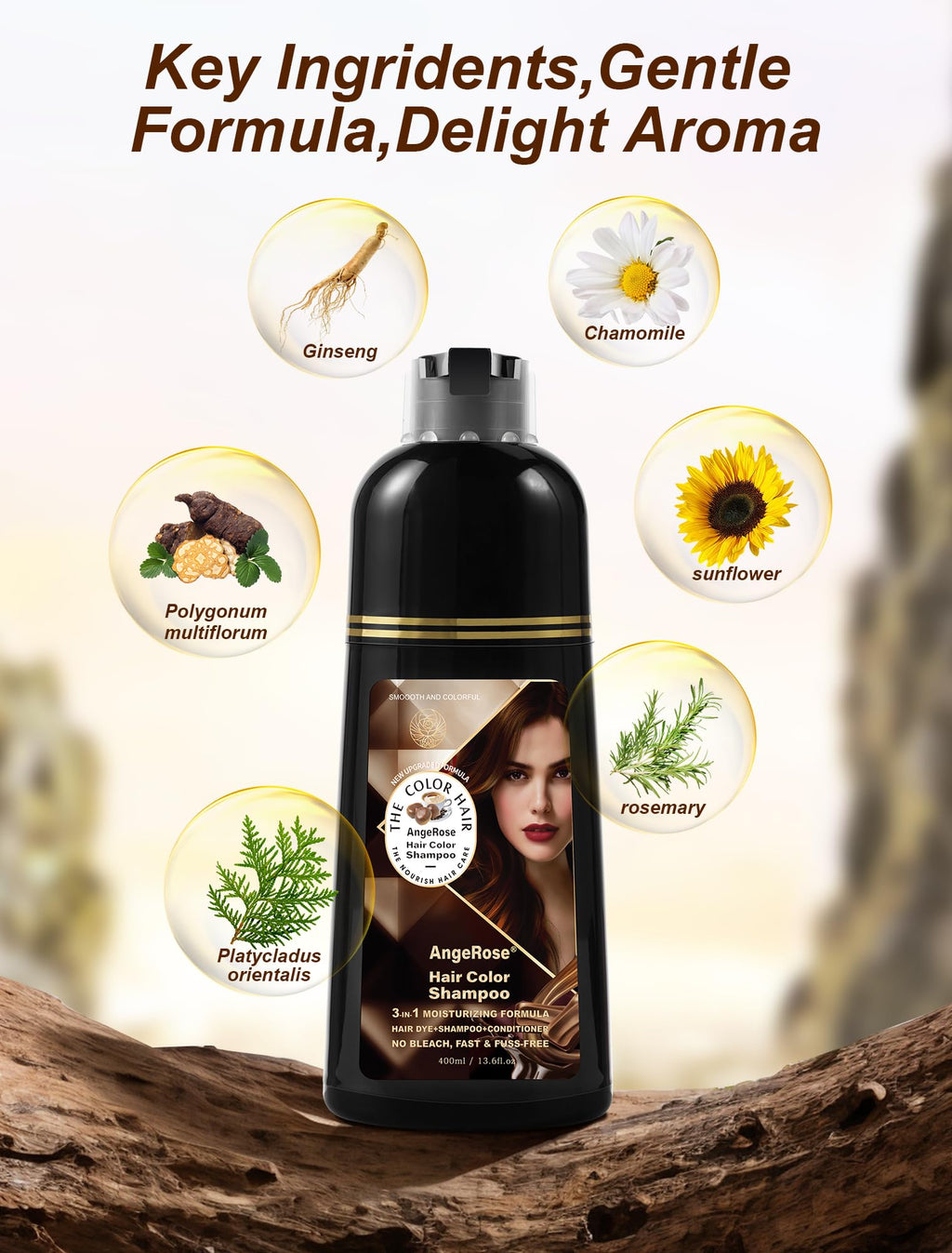 AngeRose Chestnut Brown Hair Dye Shampoo 3-in-1 — Natural Gray Coverage, 400 ml