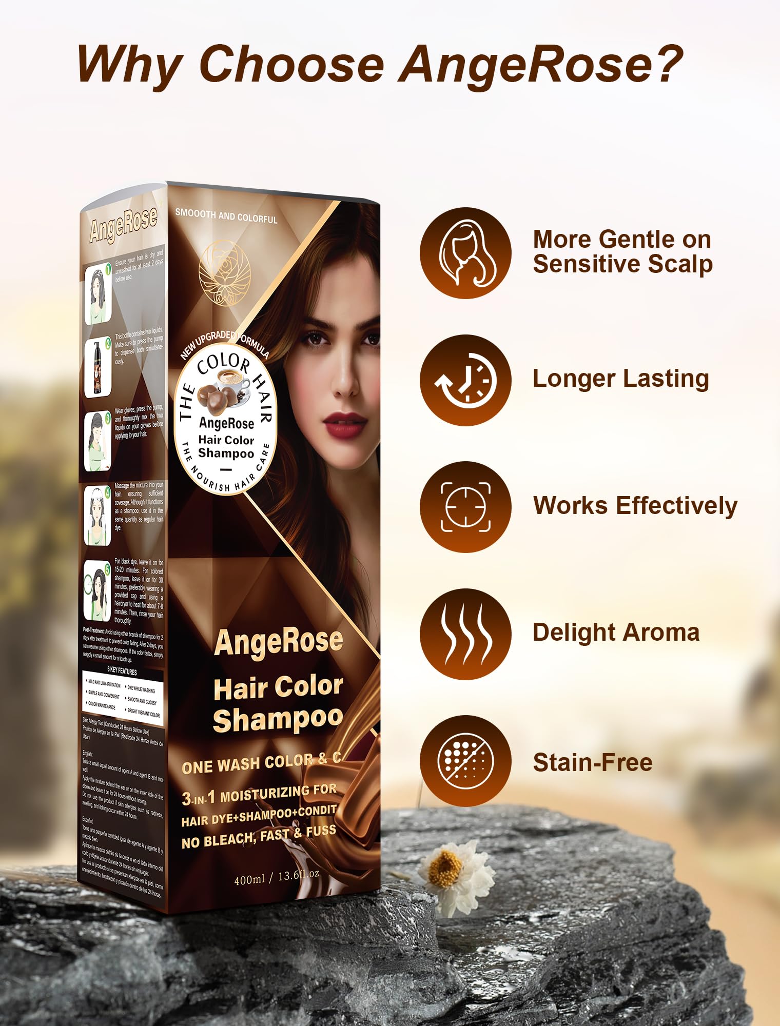 AngeRose Chestnut Brown Hair Dye Shampoo 3-in-1 — Natural Gray Coverage, 400 ml