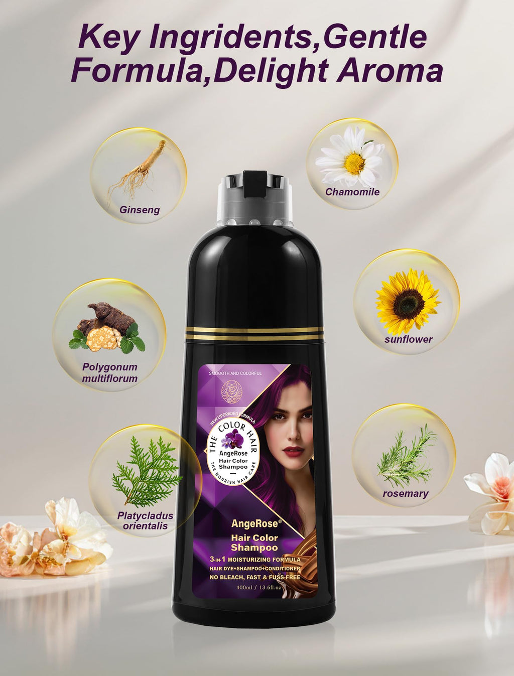 AngeRose Hair Dye Shampoo 3-in-1, Purple – Quick Gray Coverage in 15 Minutes