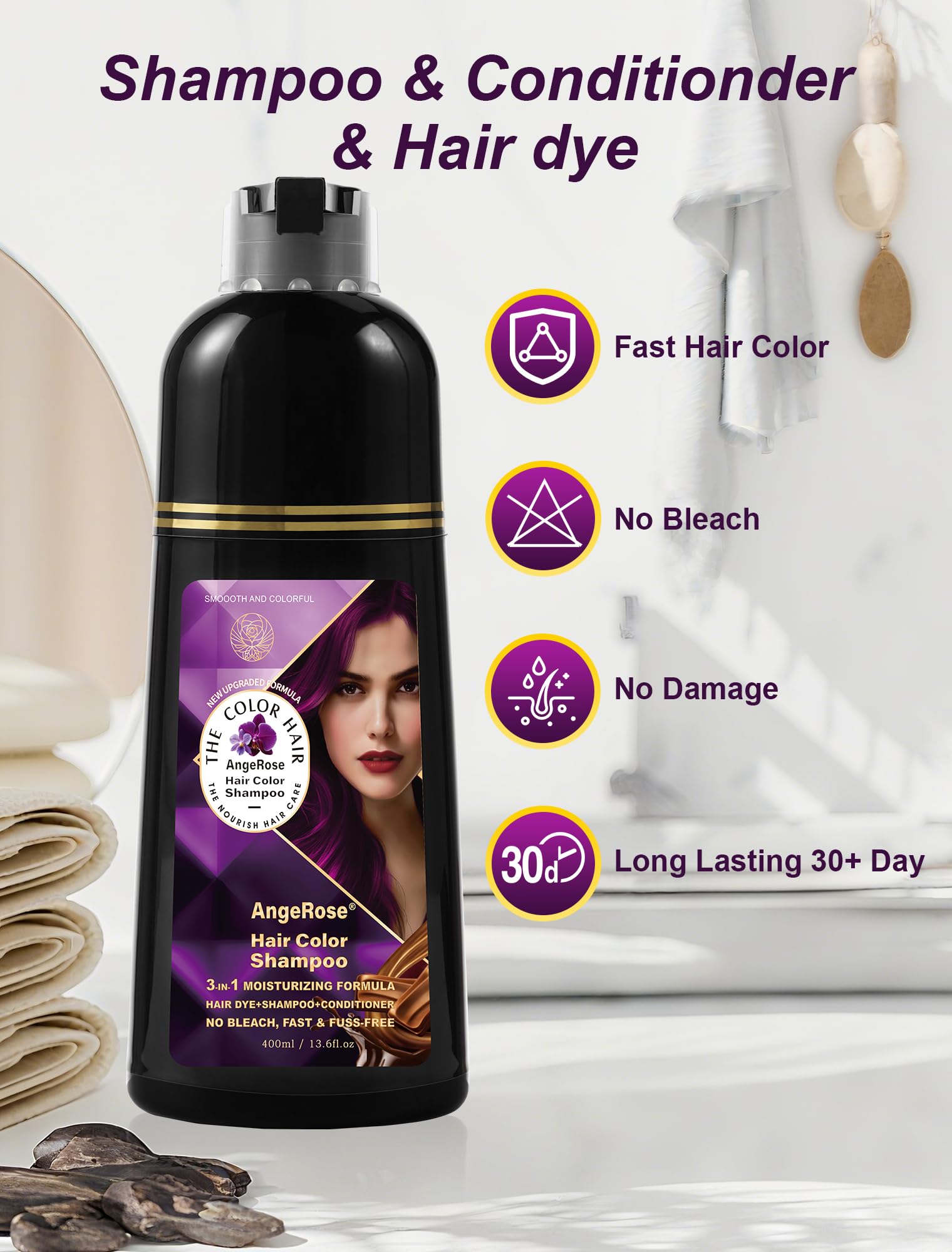 AngeRose Hair Dye Shampoo 3-in-1, Purple – Quick Gray Coverage in 15 Minutes