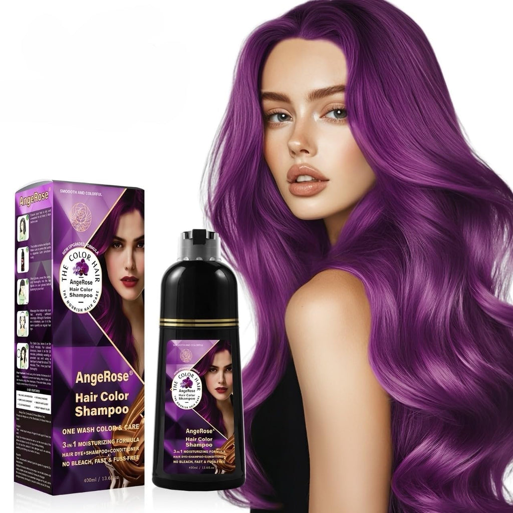 AngeRose Hair Dye Shampoo 3-in-1, Purple – Quick Gray Coverage in 15 Minutes
